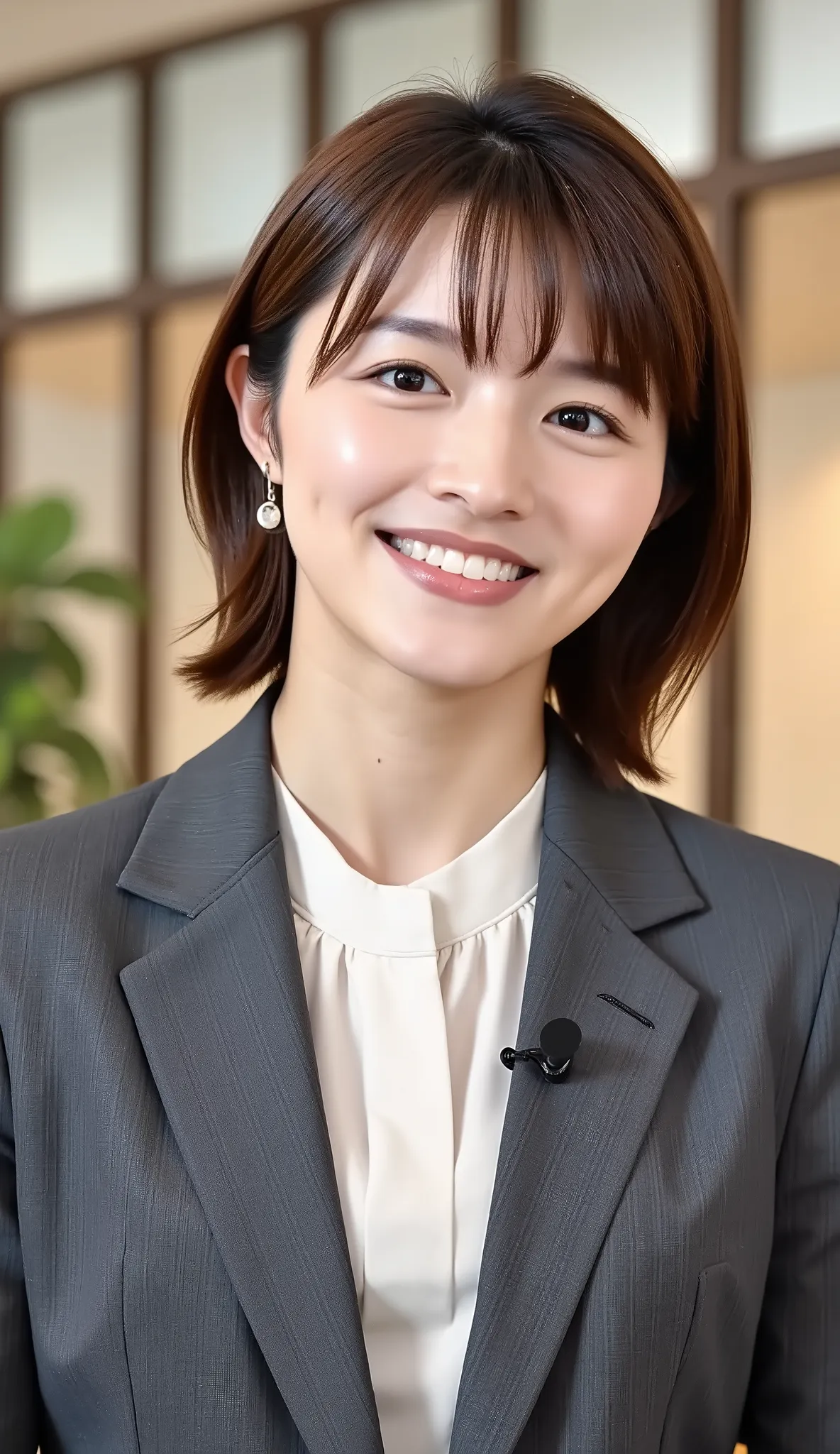 Neat Young Woman、and look at the camera、office lady suit、jacket、shirt、ネックレス、、ear piercing、、smile showing teeth、背景はオフィス