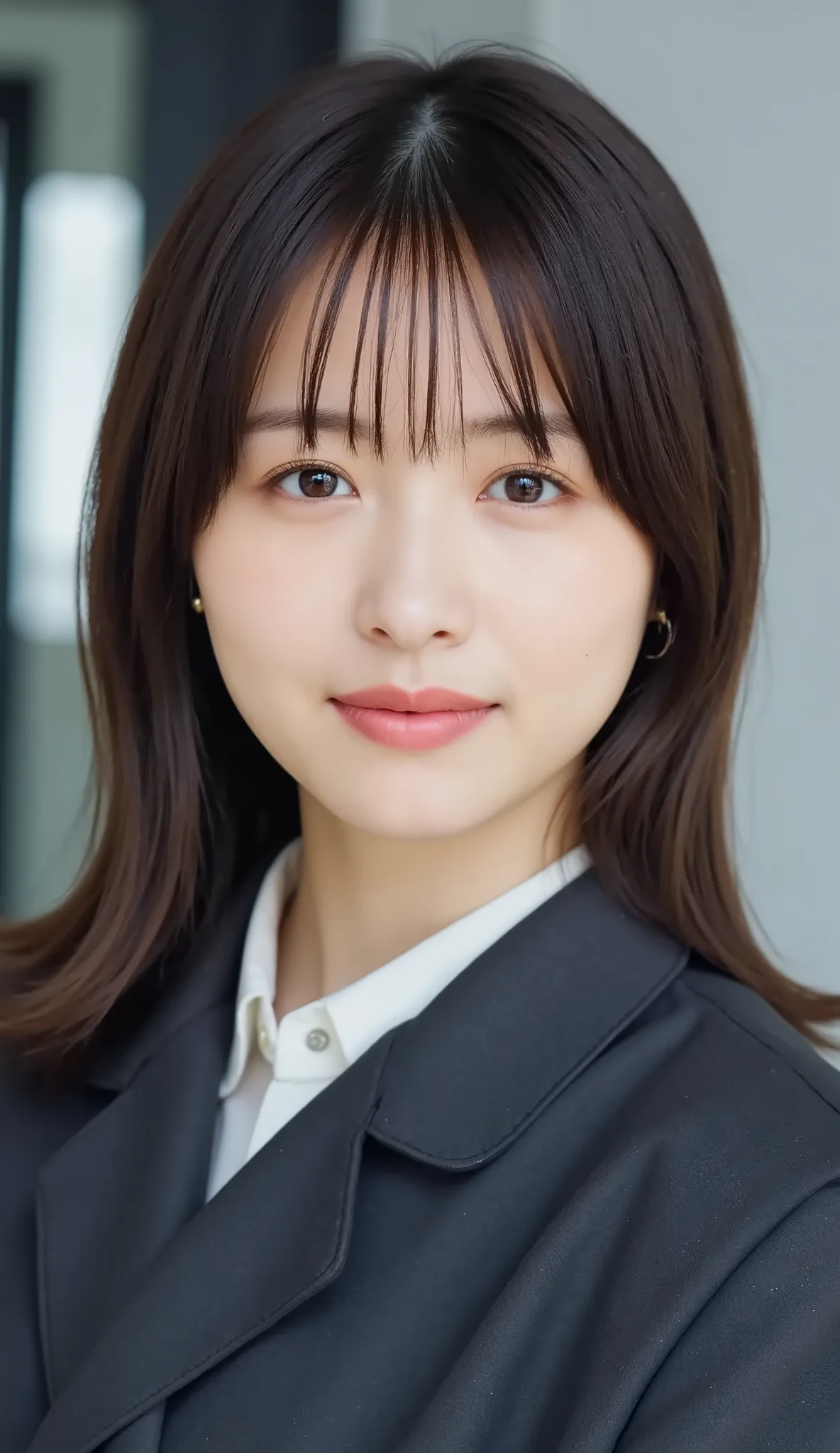 Neat Young Woman、and look at the camera、office lady suit、jacket、shirt、ネックレス、、ear piercing、、smile showing teeth、背景はオフィス


