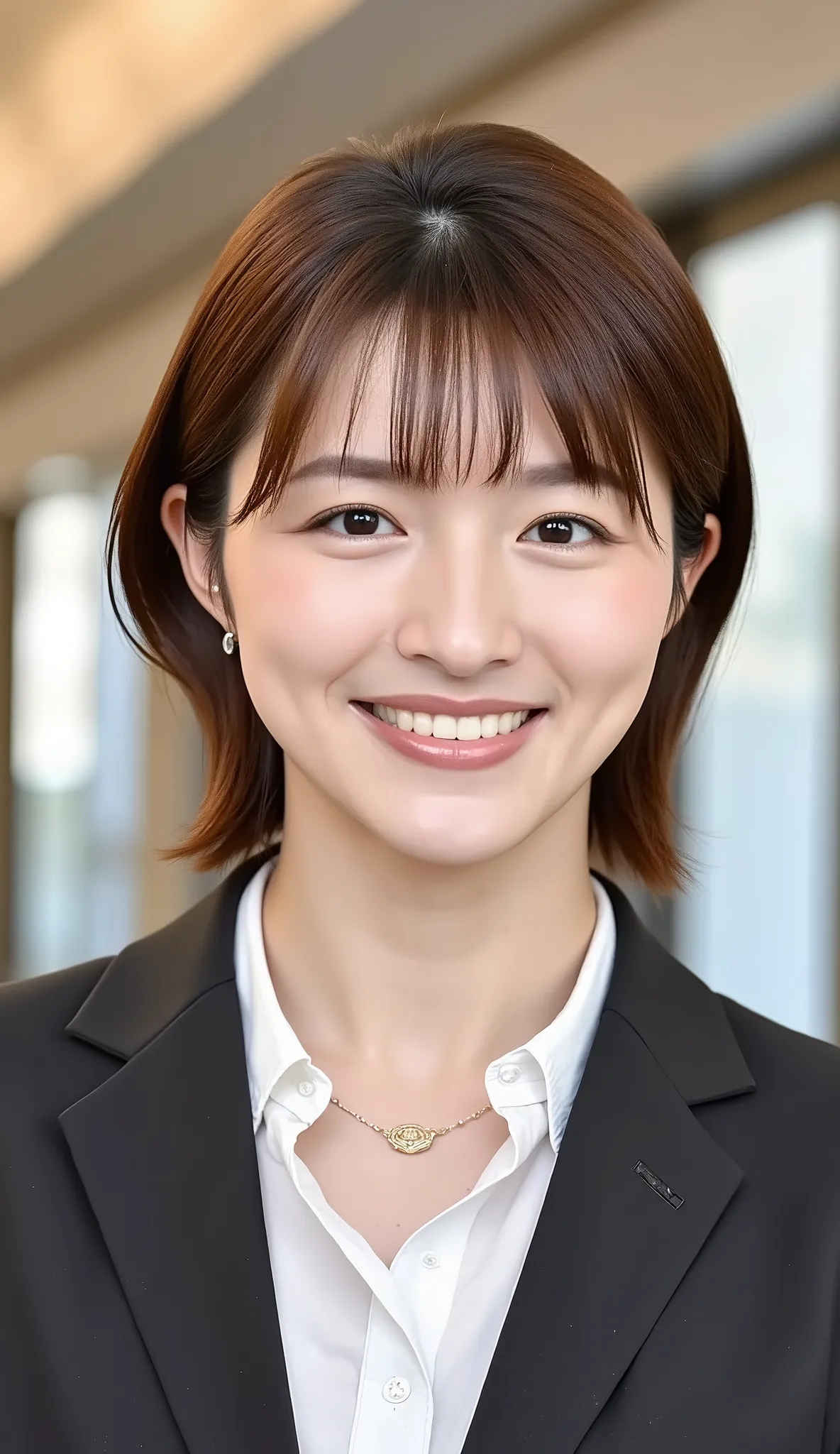 Neat Young Woman、and look at the camera、office lady suit、jacket、shirt、ネックレス、、ear piercing、、smile showing teeth、背景はオフィス