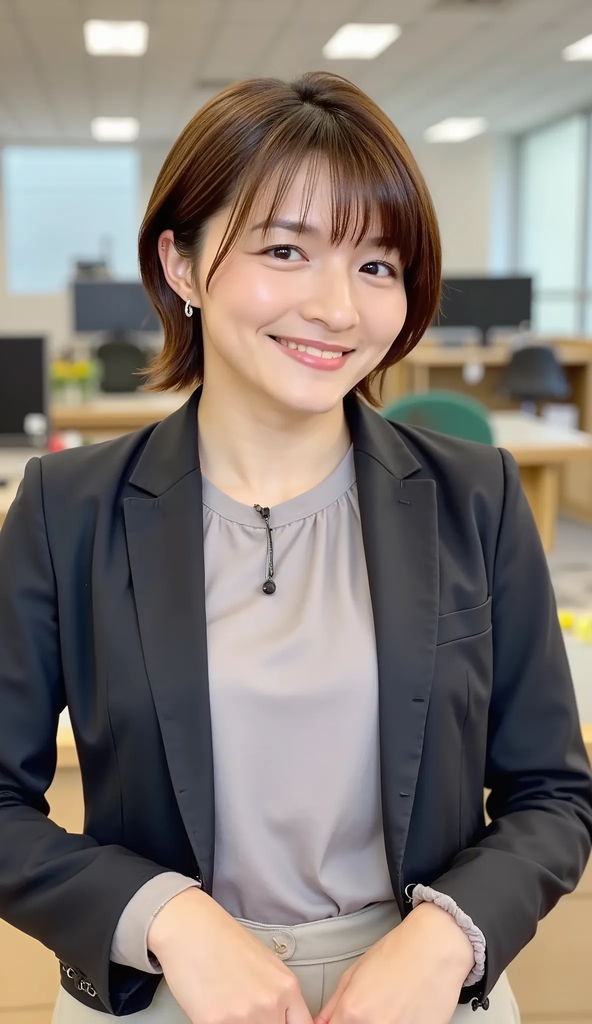 Neat Young Woman、and look at the camera、office lady suit、jacket、shirt、ネックレス、、ear piercing、黒髪、smile showing teeth、背景はオフィス