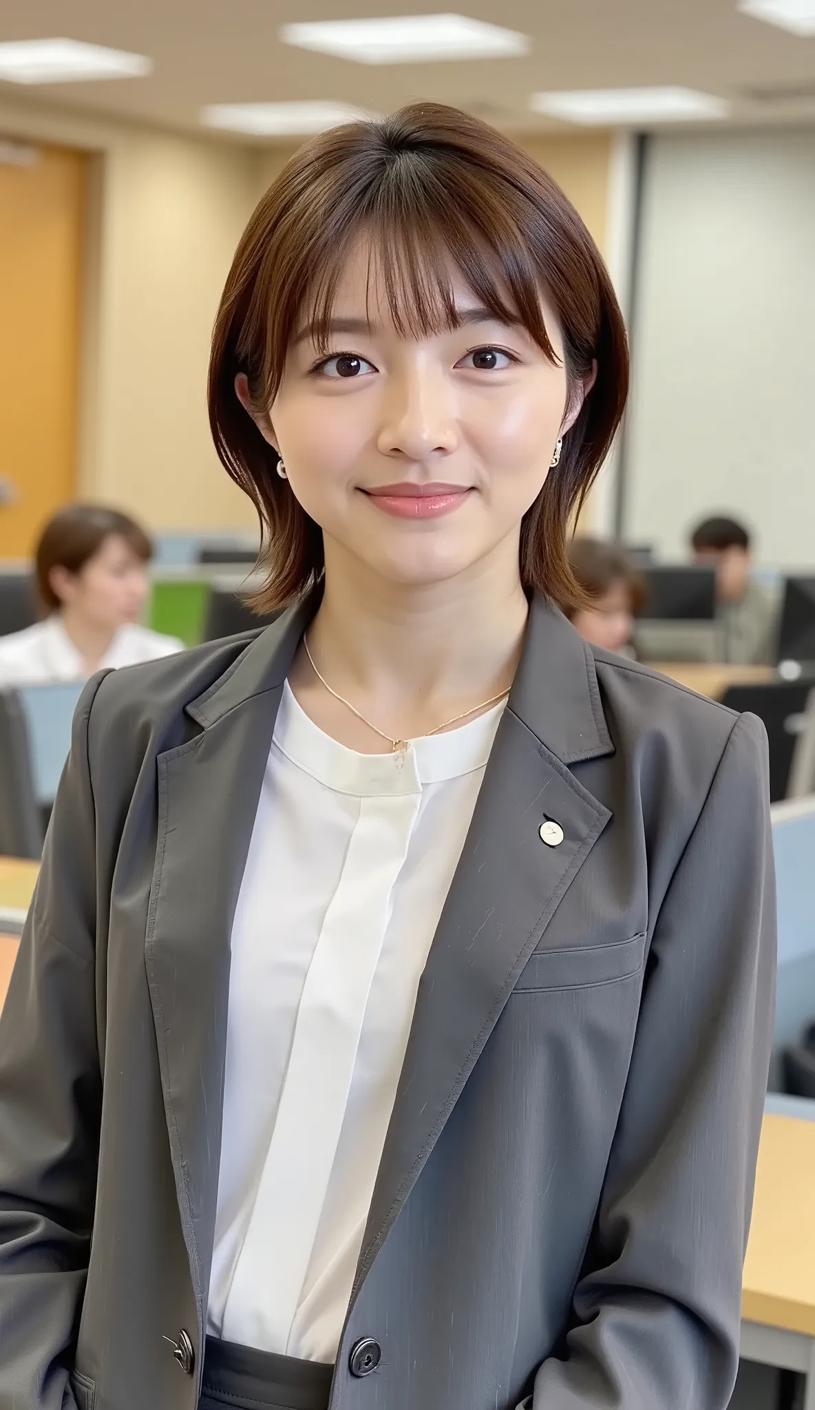 Neat Young Woman、and look at the camera、office lady suit、jacket、shirt、ネックレス、、ear piercing、、無表情、背景はオフィス