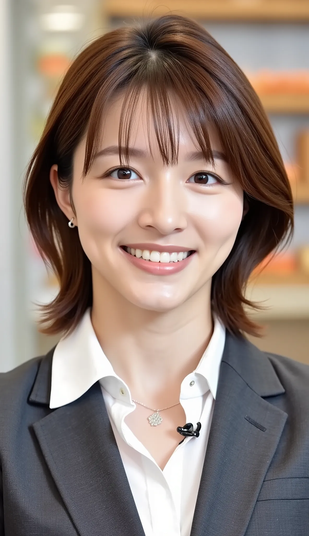 Neat Young Woman、and look at the camera、office lady suit、jacket、shirt、ネックレス、、ear piercing、、smile showing teeth、背景はオフィス