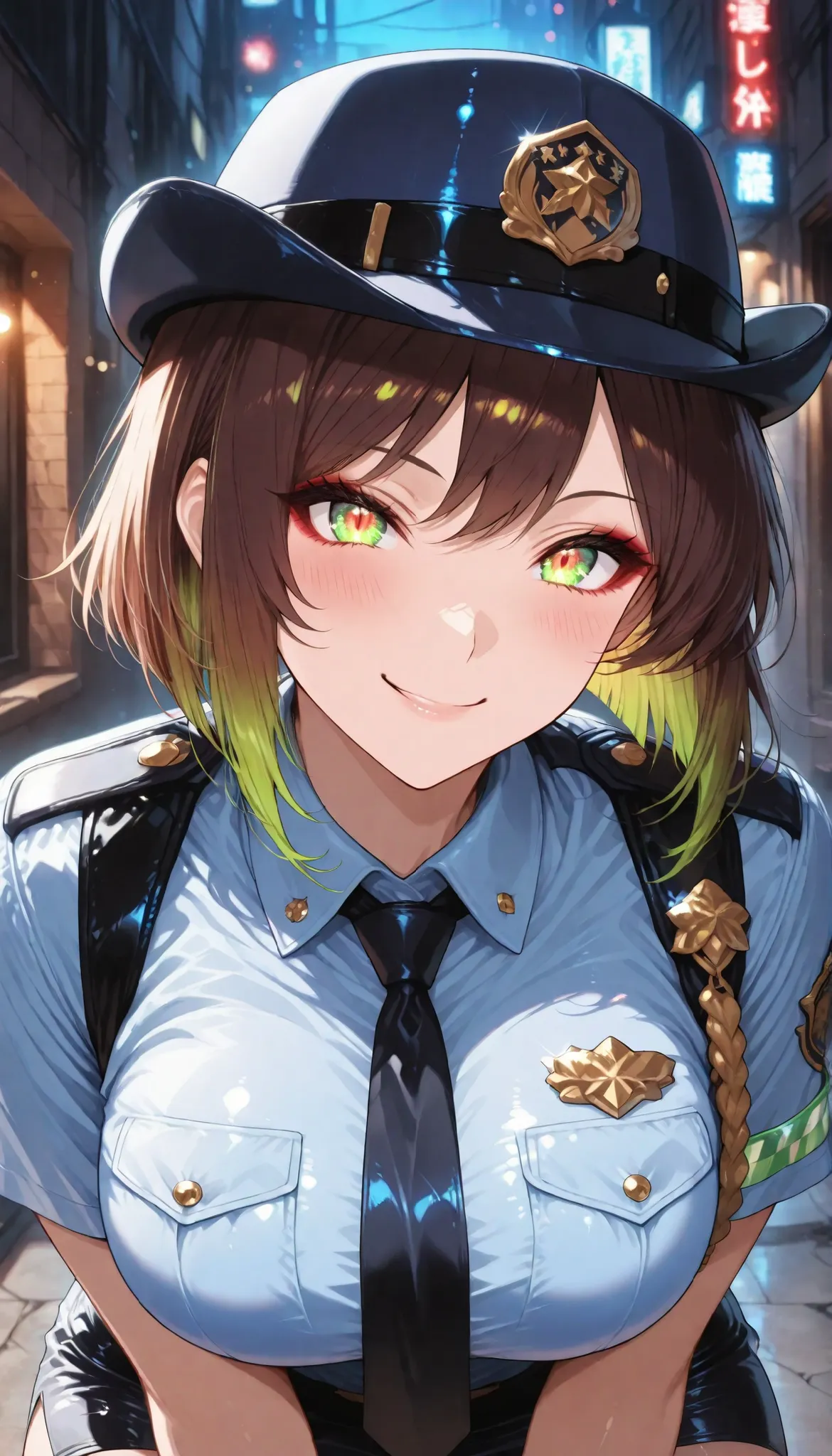 1 woman with glowing green hair, solo, female police officer, (police uniform, miniskirt, female service cap),  beautiful expression , kind smile, attractive eyes, glossy skin, Graceful Behavior, Fine Gloss, parted 唇, brown hair, inverted bob, blush, sexy ...