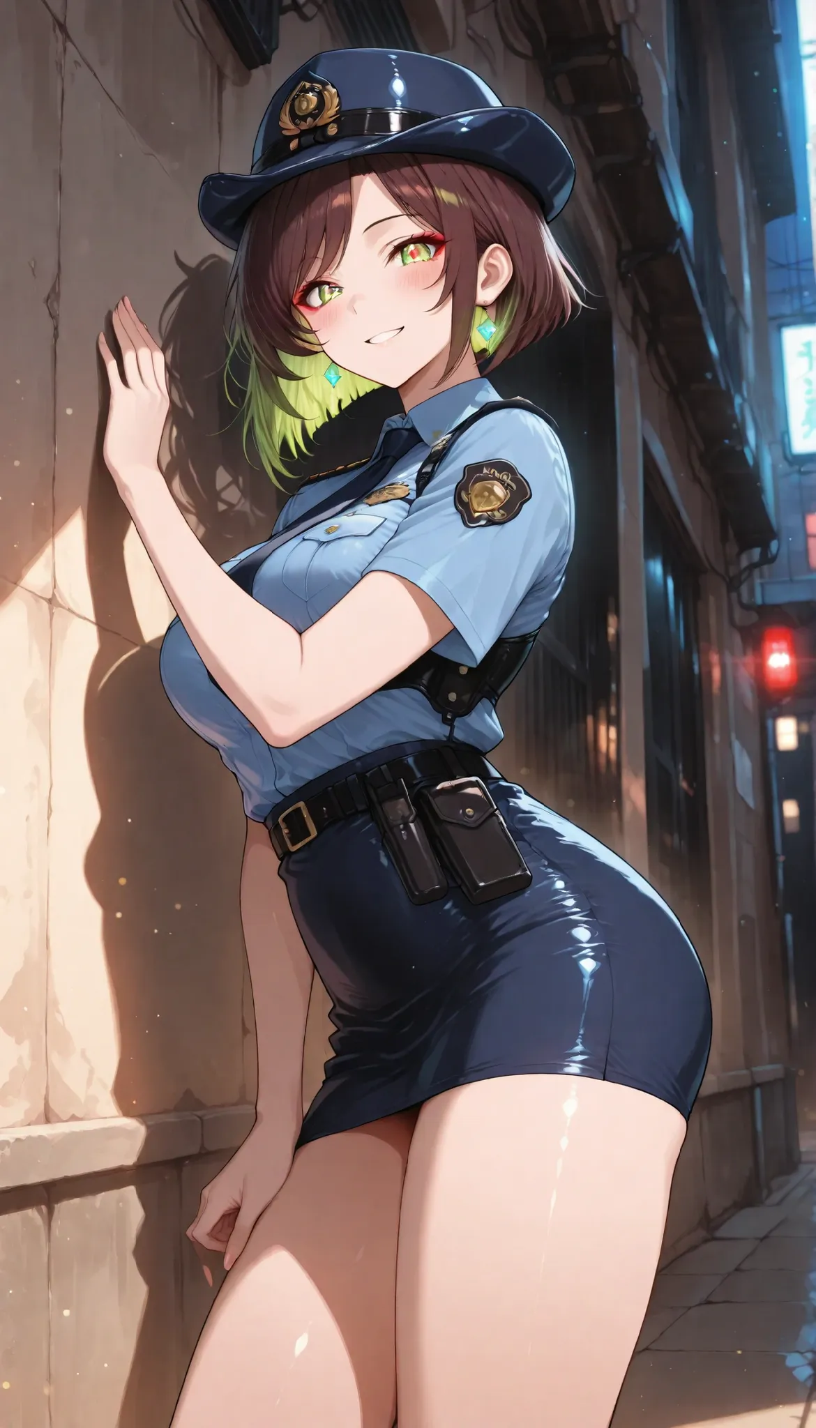 1 woman with glowing green hair, solo, female police officer, (police uniform, miniskirt, female service cap),  beautiful expression , kind smile, attractive eyes, glossy skin, Graceful Behavior, Fine Gloss, parted 唇, brown hair, inverted bob, blush, sexy ...