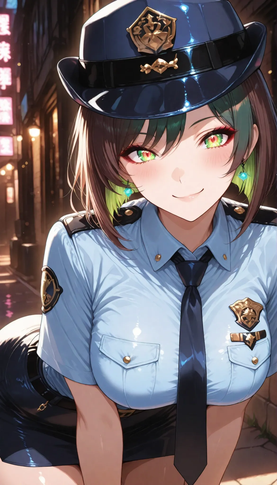 1 woman with glowing green hair, solo, female police officer, (police uniform, miniskirt, female service cap),  beautiful expression , kind smile, attractive eyes, glossy skin, Graceful Behavior, Fine Gloss, parted 唇, brown hair, inverted bob, blush, sexy ...