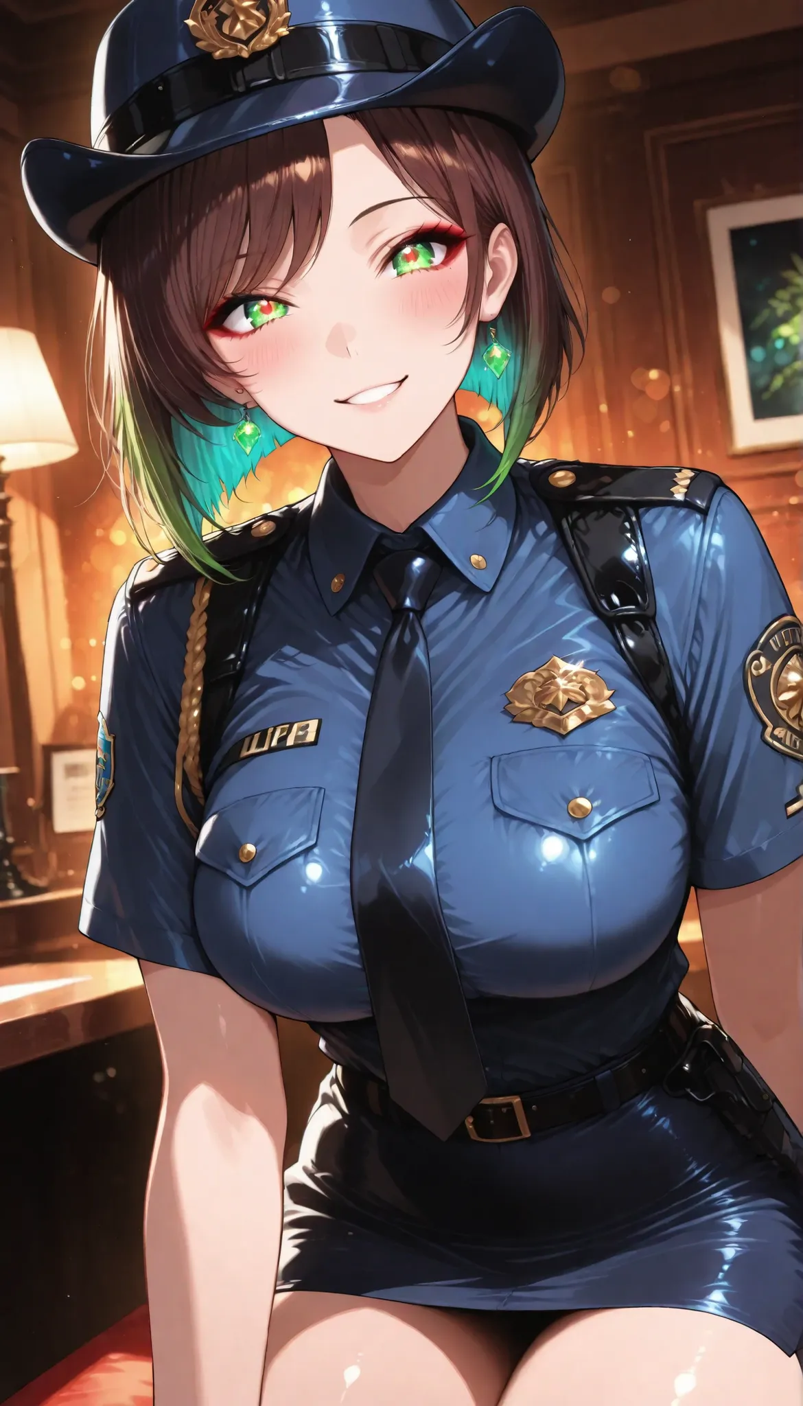 1 woman with glowing green hair, solo, female police officer, (police uniform, miniskirt, female service cap),  beautiful expression , kind smile, attractive eyes, glossy skin, Graceful Behavior, Fine Gloss, parted 唇, brown hair, inverted bob, blush, sexy ...