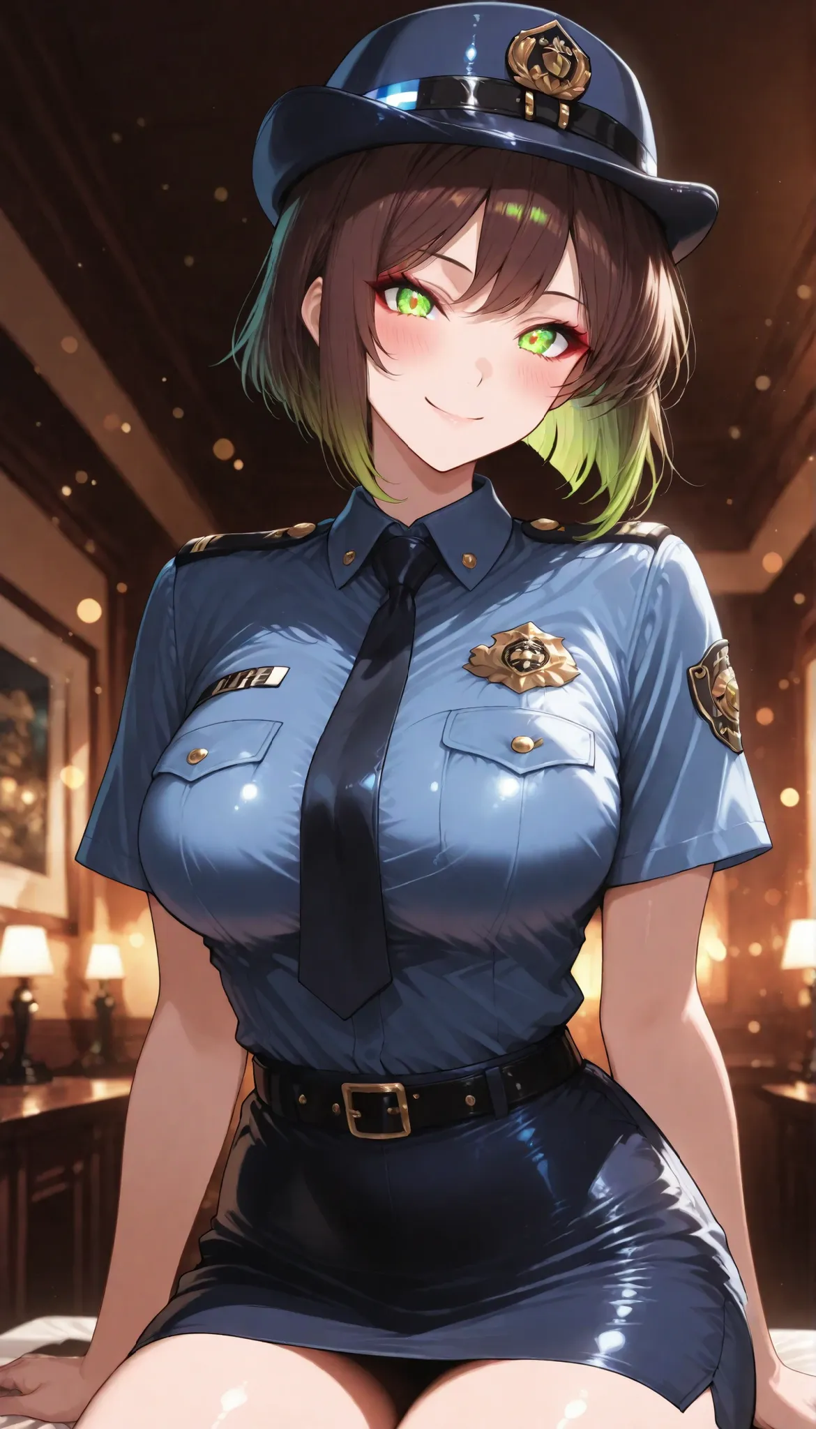 1 woman with glowing green hair, solo, female police officer, (police uniform, miniskirt, female service cap),  beautiful expression , kind smile, attractive eyes, glossy skin, Graceful Behavior, Fine Gloss, parted 唇, brown hair, inverted bob, blush, sexy ...