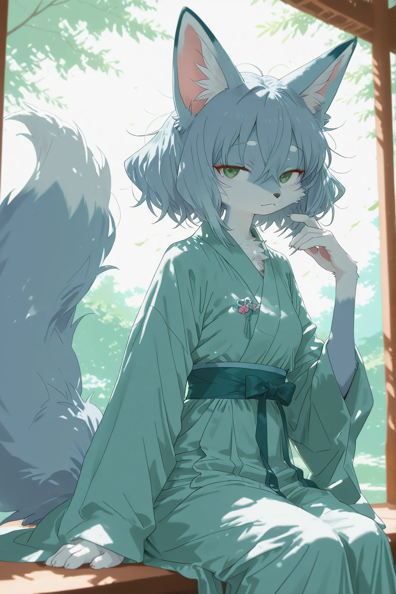 Kemono,Blue fur, fox, female, long fluffy tail, beautiful, green eyes, hanfu in blue color, kemono style, sky blue hair, short messy hair, long fox ears, large detailed fur texture, soft lighting, elegant atmosphere --v 5 --ar 2:3, furry, sit