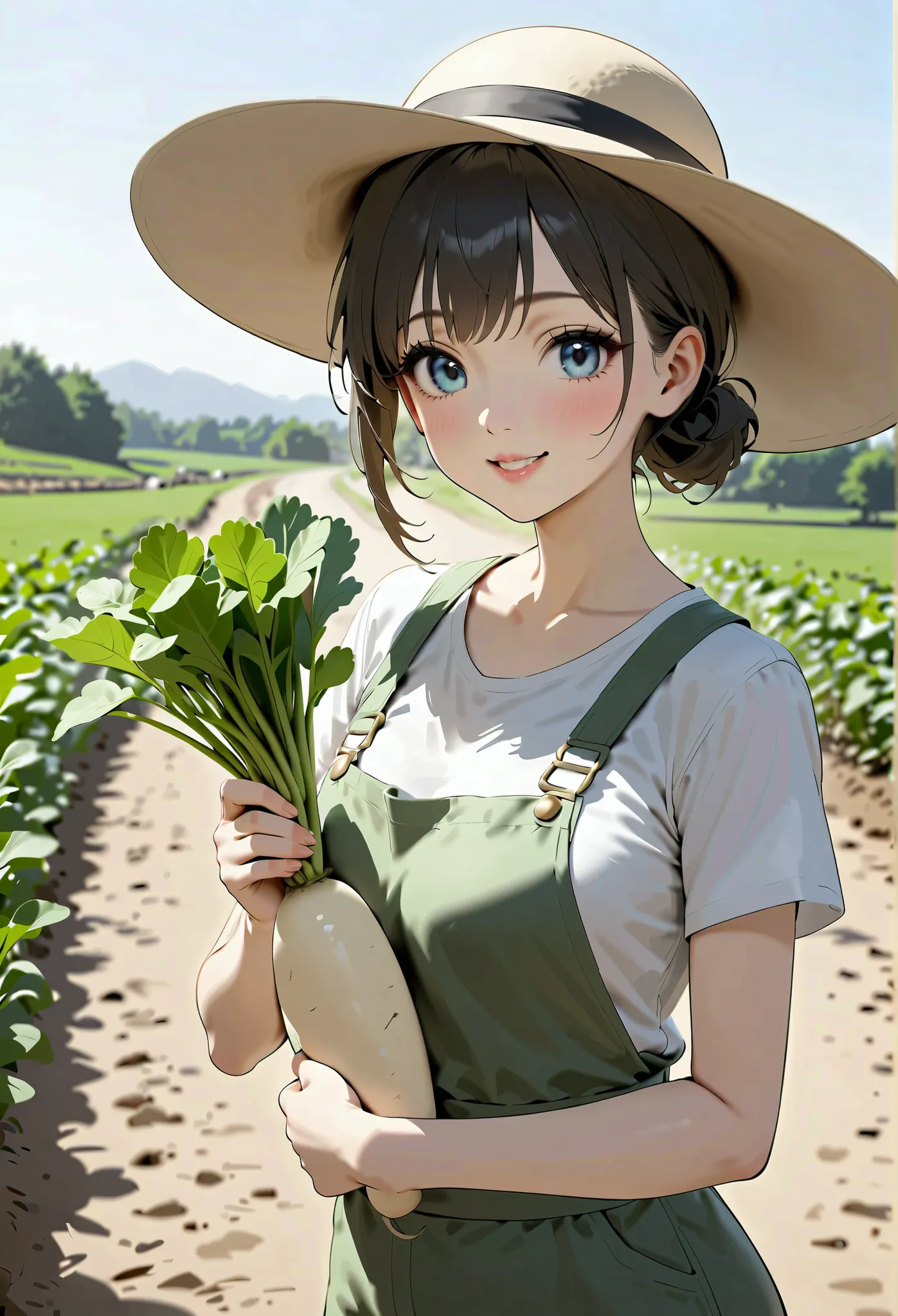 A woman holding a radish　farmer　countryside