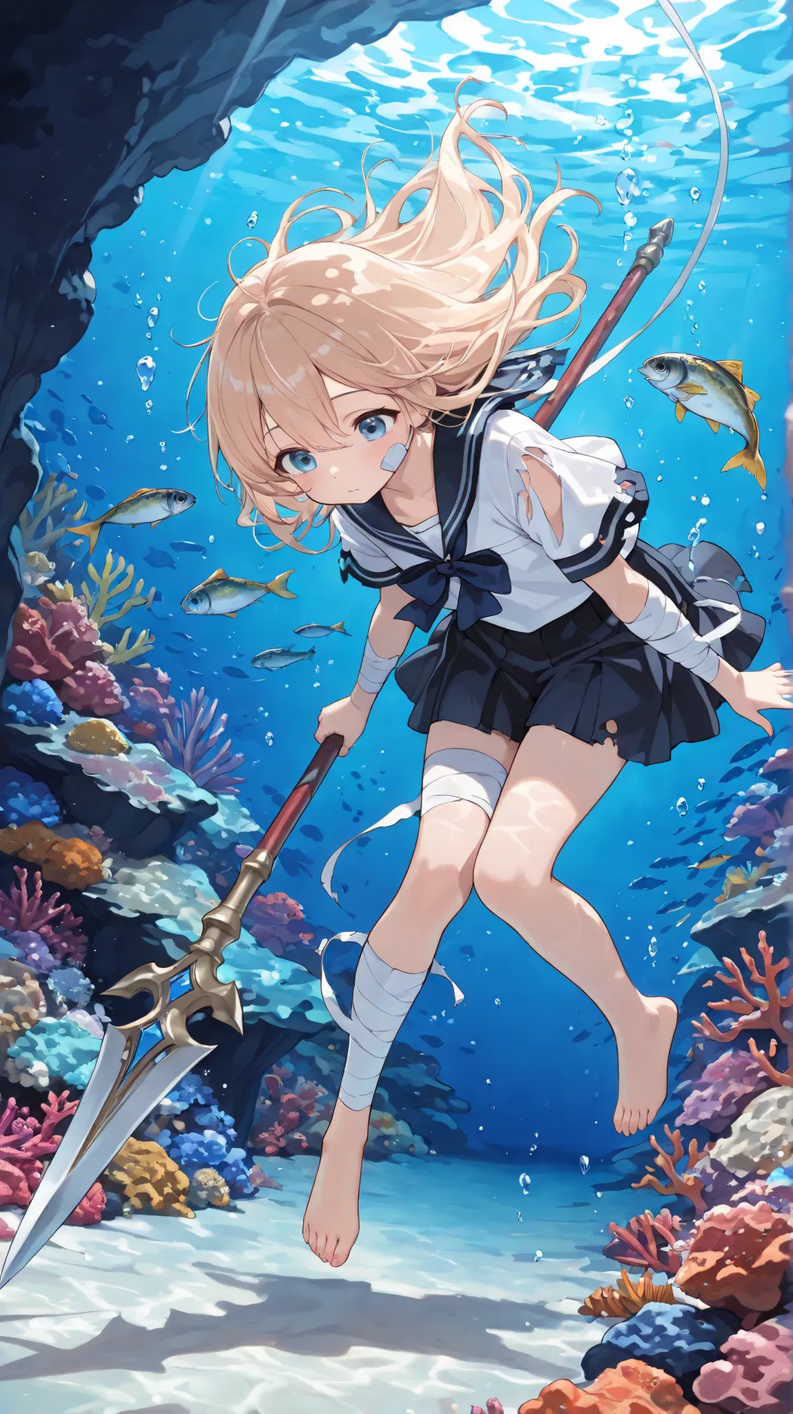 cute,748cmstyle,In the water,grotto,In the water cave,sandy seabed,seabed,Reef,(masterpiece:1.2, top quality), (beautiful detailed eyes: 1.2), ((1 Beautiful Girl)),  (beautiful background:1.2), (highly detailed CG, Super Detailed),(very detailed and beauti...