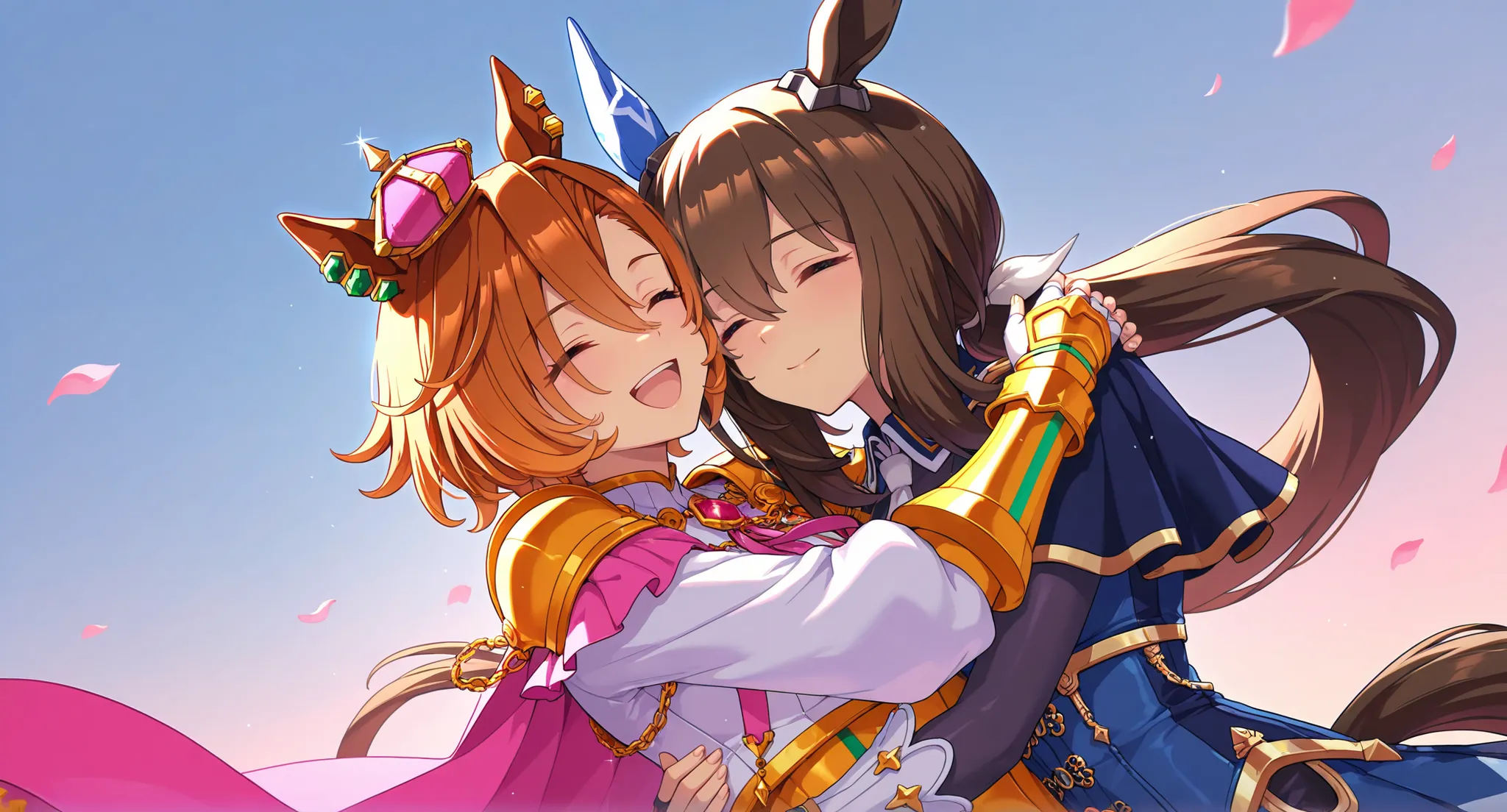 admire_vega_(umamusume), t.m._opera_o_(umamusume), highres, 2girls, :d, ^_^, animal_ears, armor, brown_hair, cape, chain, closed_eyes, closed_mouth, cropped_shirt, crown, ear_covers, ear_ornament, falling_petals, fingerless_gloves, gloves, gold_armor, gold...