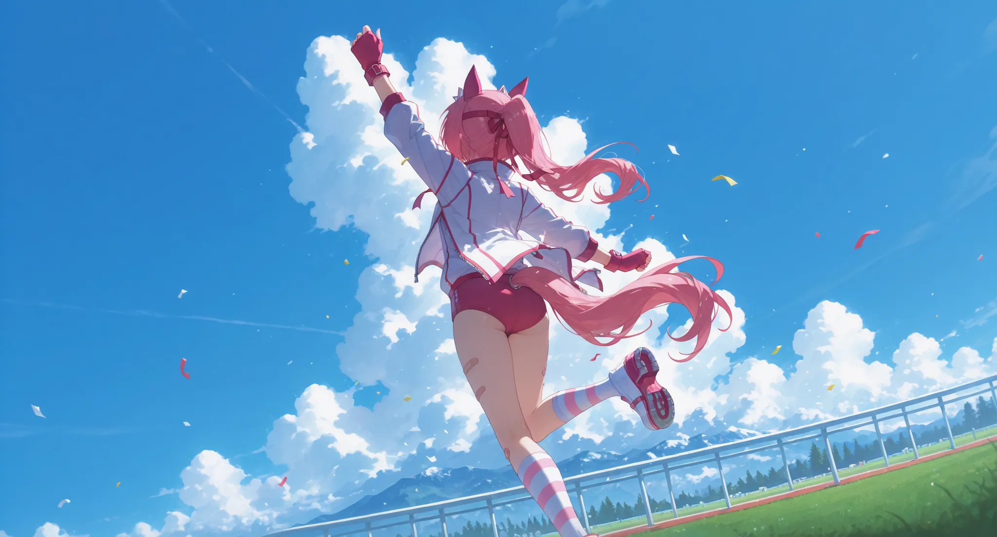 1girl, gloves, haru urara \(umamusume\), tail, fingerless gloves, horse ears, horse tail, confetti, jacket, animal ears, horse girl, solo, buruma, socks, pink hair, white jacket, red gloves, ponytail, striped socks, arm up, bandaid on leg, bandaid, track j...