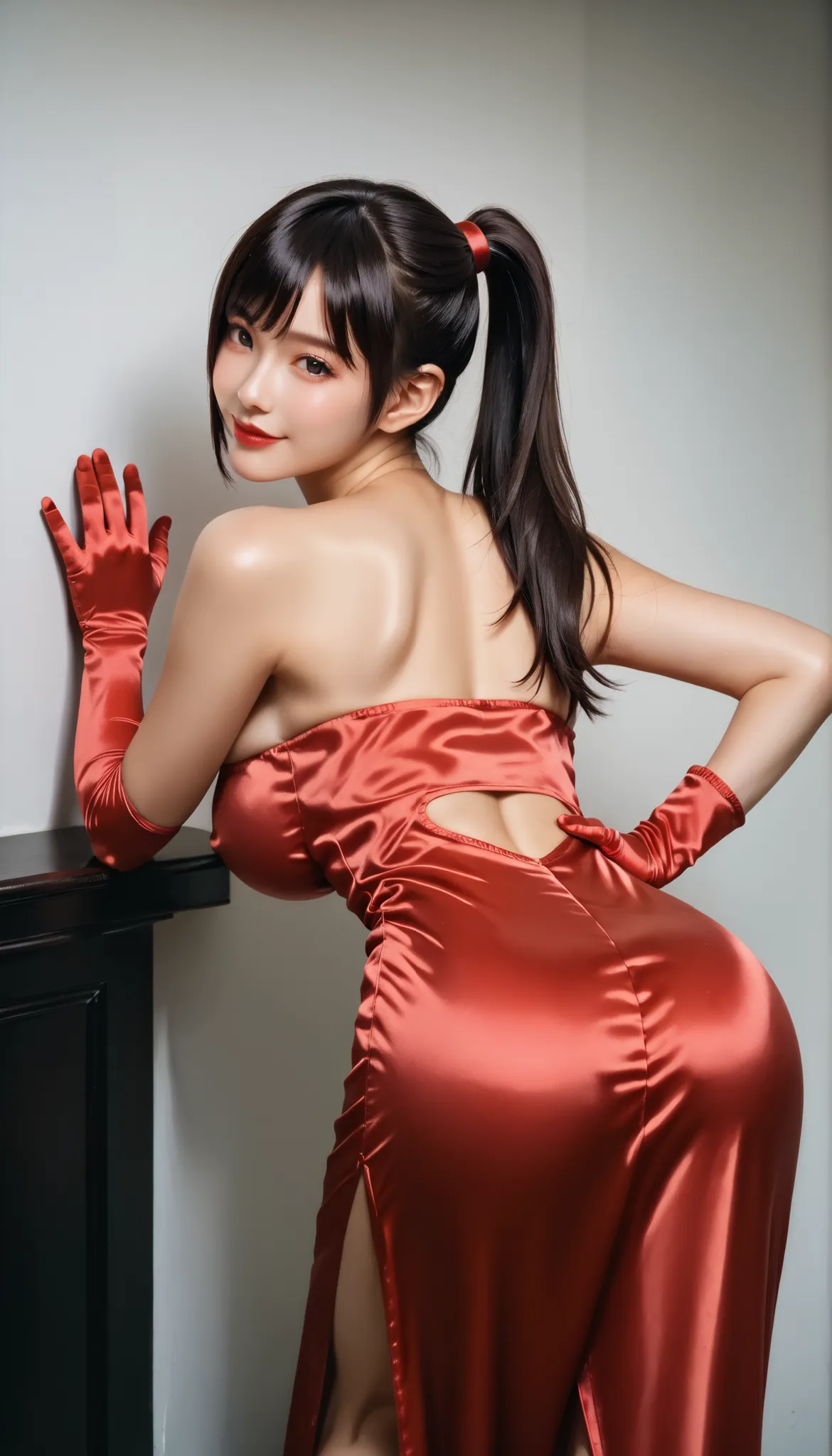high resolution,32K,masterpiece,top quality,ultra detailed face,(In the bedroom:1.2), one beautiful Japanese woman ,(black eyes:1.2), (large breast:1.4),(beautiful face,small face:1.3),dark haired,(long hair,ponytail,asymmetrical bangs),(seductive smile:1....