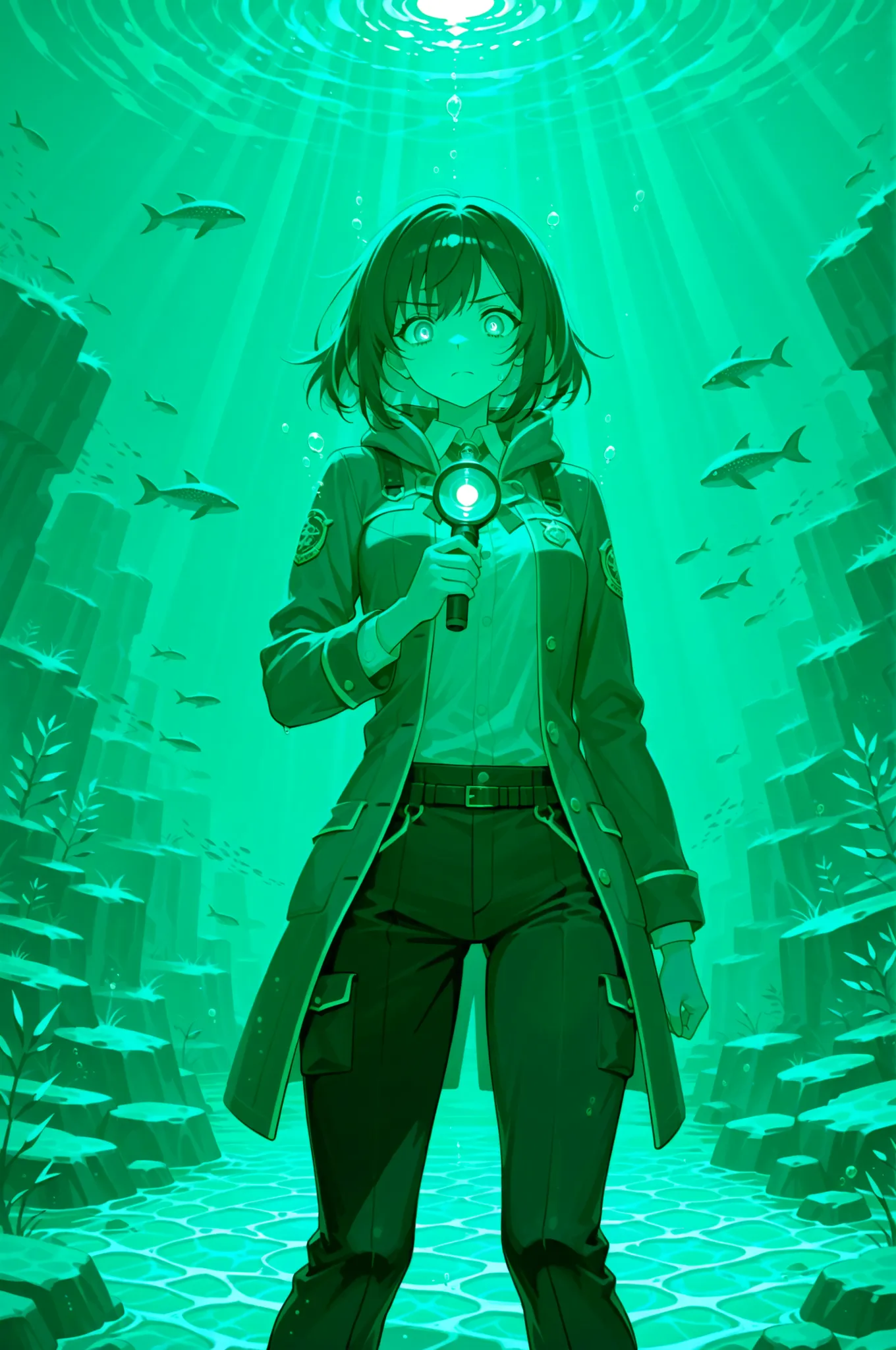 character:
base:
subject:beautiful anime girl underwater detective farmer
age:young adult female
style:flat anime illustration style
appearance:
hair:
color:deep blue ocean with light streaks
length:flowing underwater movement
style:detective practical und...