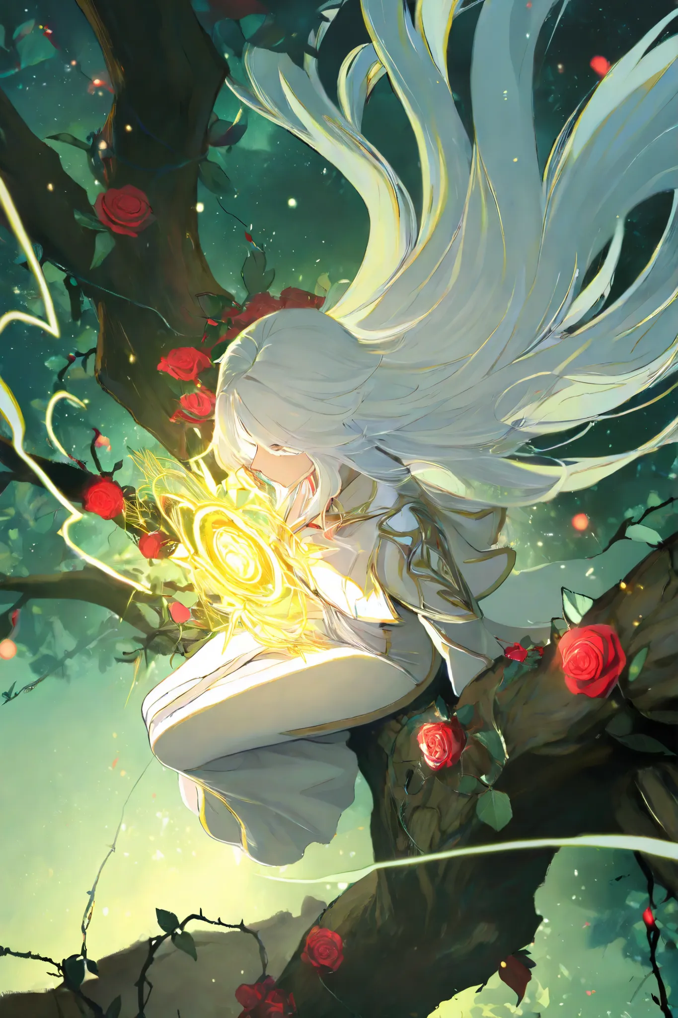 masterpiece, best quality,1 girl
,best quality,heroic pose,dynamic angle,with epic effect, dynamic Forest sky background,high angle shot,like CCTV footage,outward flow of magic or particles,face clearly visible, character illuminated from within, ,Leaf ef...