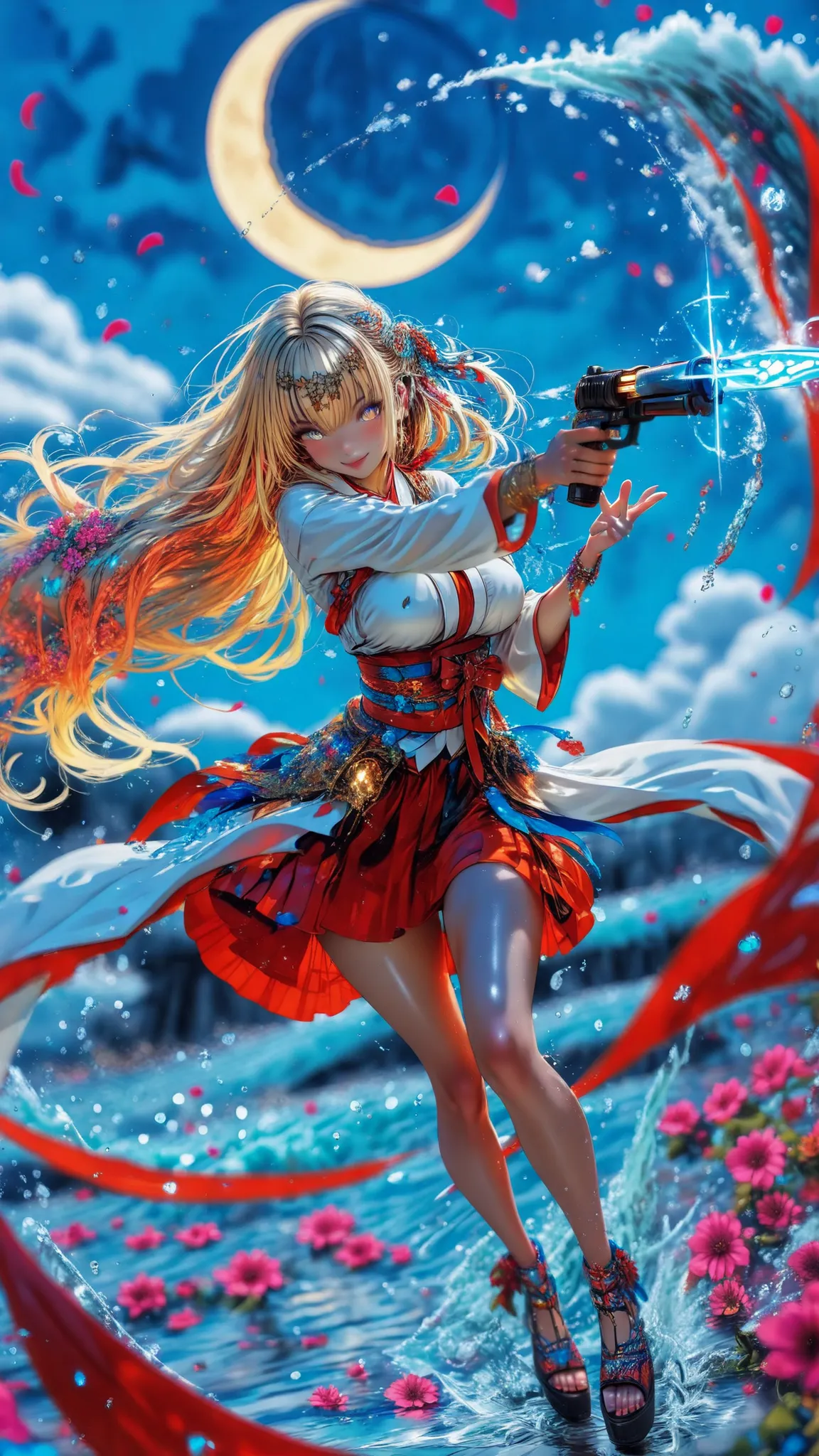 8k,top quality、max resolution,masterpiece,beautiful face, shiny skin ,Smile Yang     ,favorite face ,1girl, solo, amazing long hair, Golden Hair,knee-high, Battle Pose(  amazing),weapons, cloud above,Moon and big waves , Battle Pose, Curved Platform Shoes,...