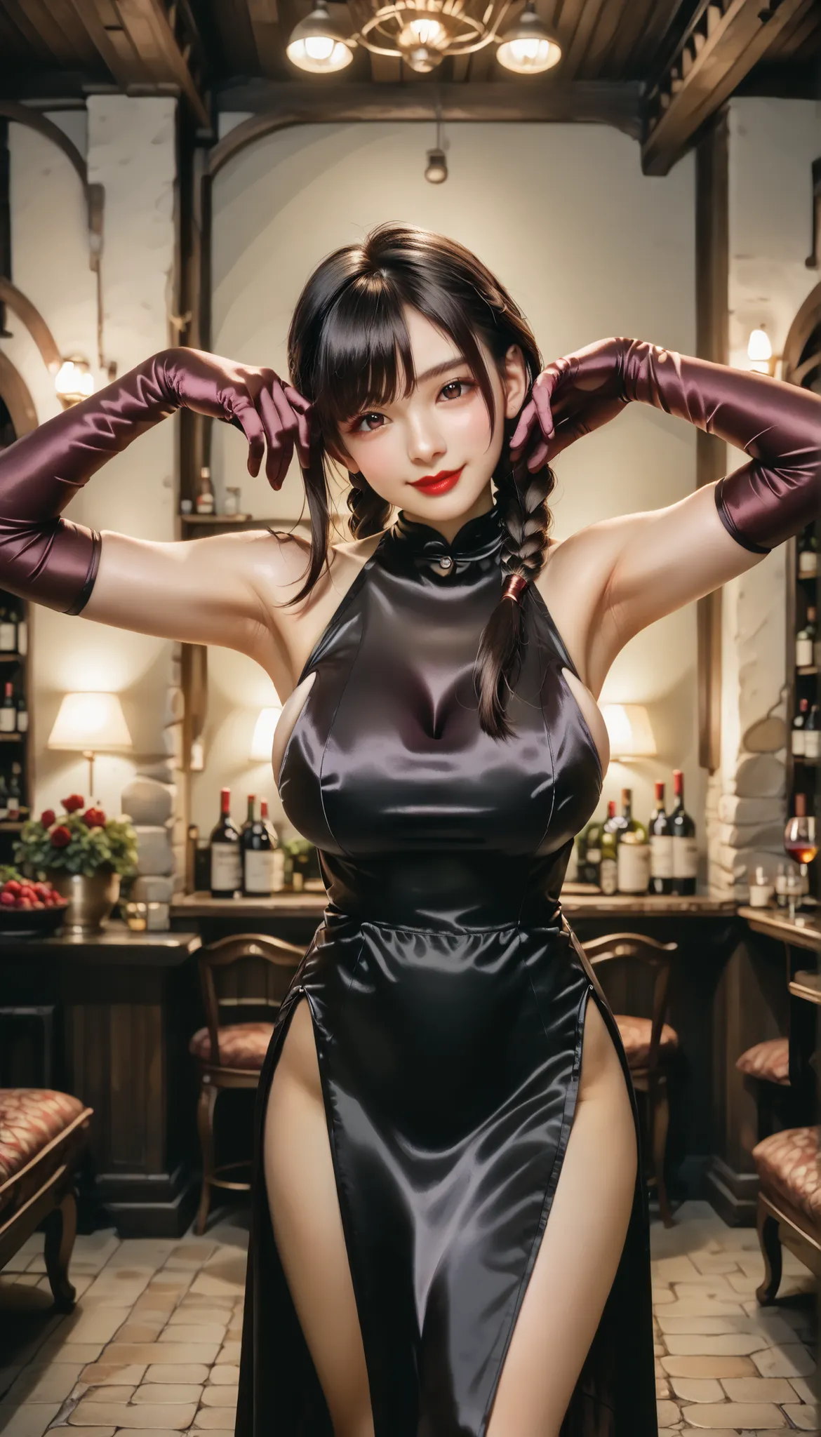 high resolution,32K,masterpiece,top quality,ultra detailed face,(Dim Wine Cellar:1.4), one beautiful Japanese woman ,(black eyes:1.2), (large breast:1.4),(beautiful face,small face:1.3),dark haired,(long hair,braided ponytail,asymmetrical bangs),(seductive...