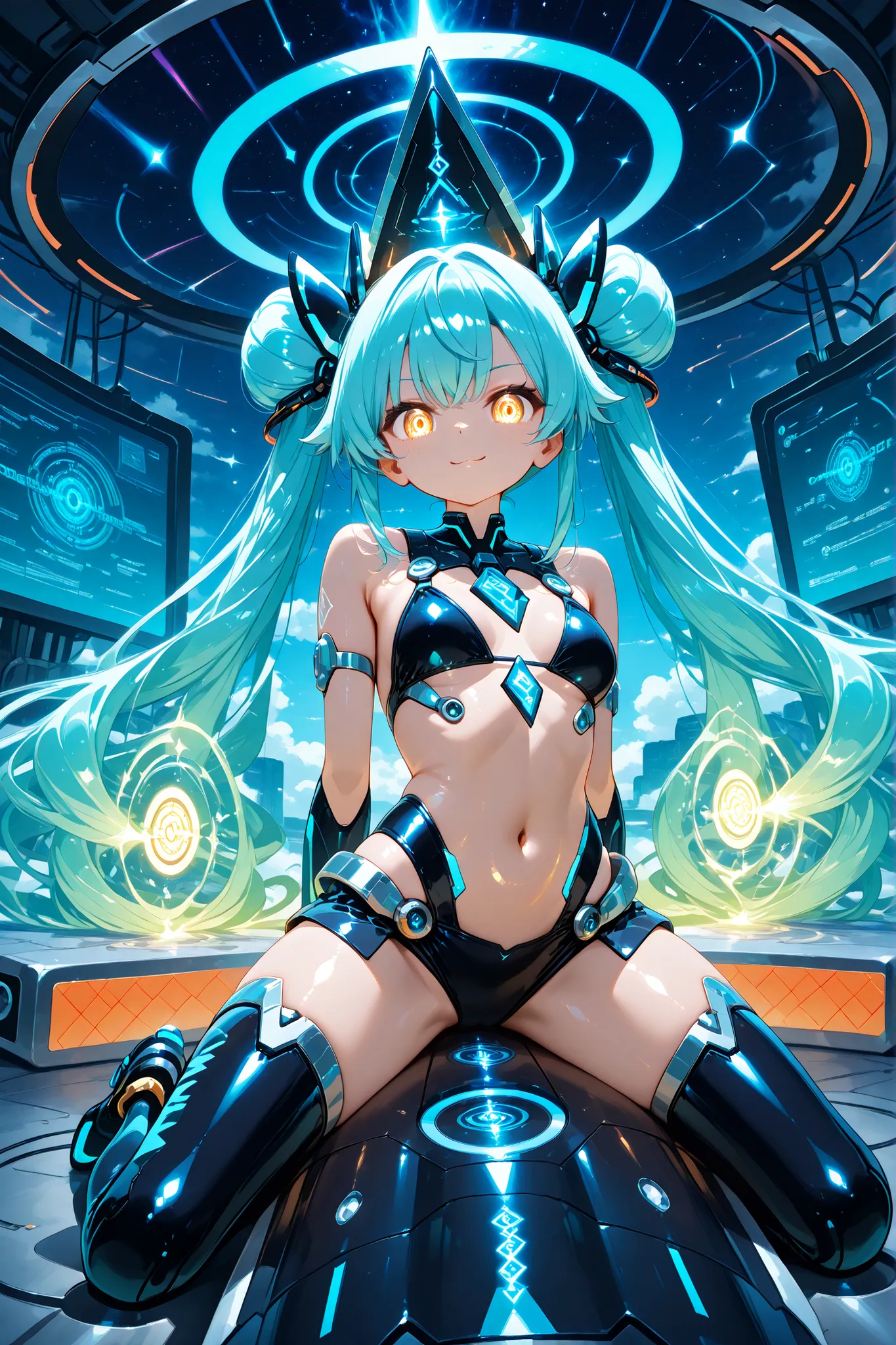 A highscool girl in a tight sci-fi See-through bikini is straddling the sci-fi cyber flight device with a diameter of 50 cm in the shape of a triangular prism, 2 meters long, extremely thick and mechanical,the cyber flight device flying in the sky,
The cyb...