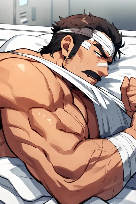 A middle-aged defeated mafia boss patient man, Detailed face, Captivating look, moustache, Masculine face, Muscular body, Prominent veins, wearing patient uniform, sunglass, alone, lying down on the bed in the hospital, hospitalized,in the hospital at midn...