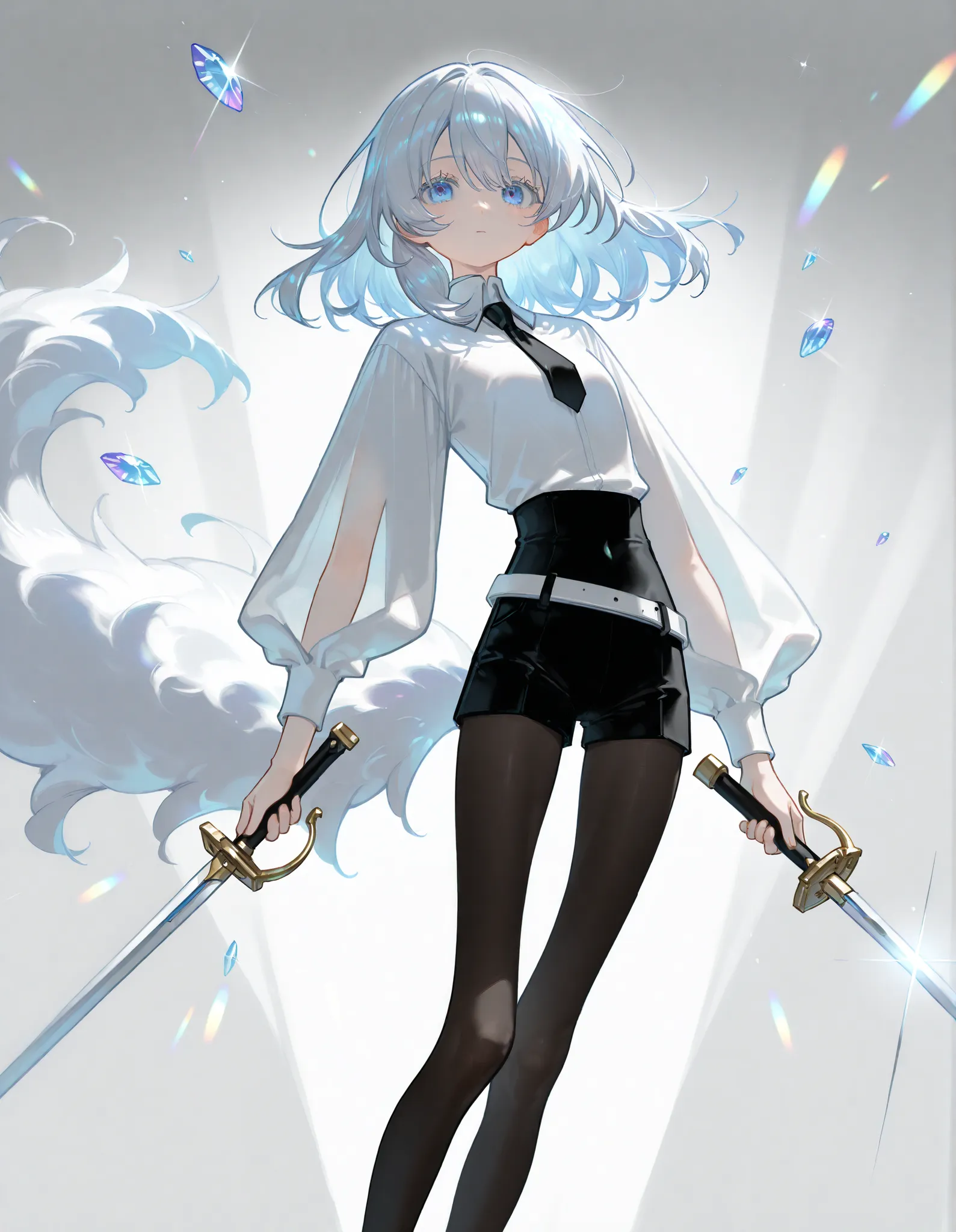 Gem Country Style Drawing、Larimer、Light Blue Loose Fluffy Medium Hair、Saggy Eyes、Downcast、has long lashes、sexy、older sister、Black Clothes、White Cutter Shirt、black tie、black shorts with a sword around the waist、black tights、long legs