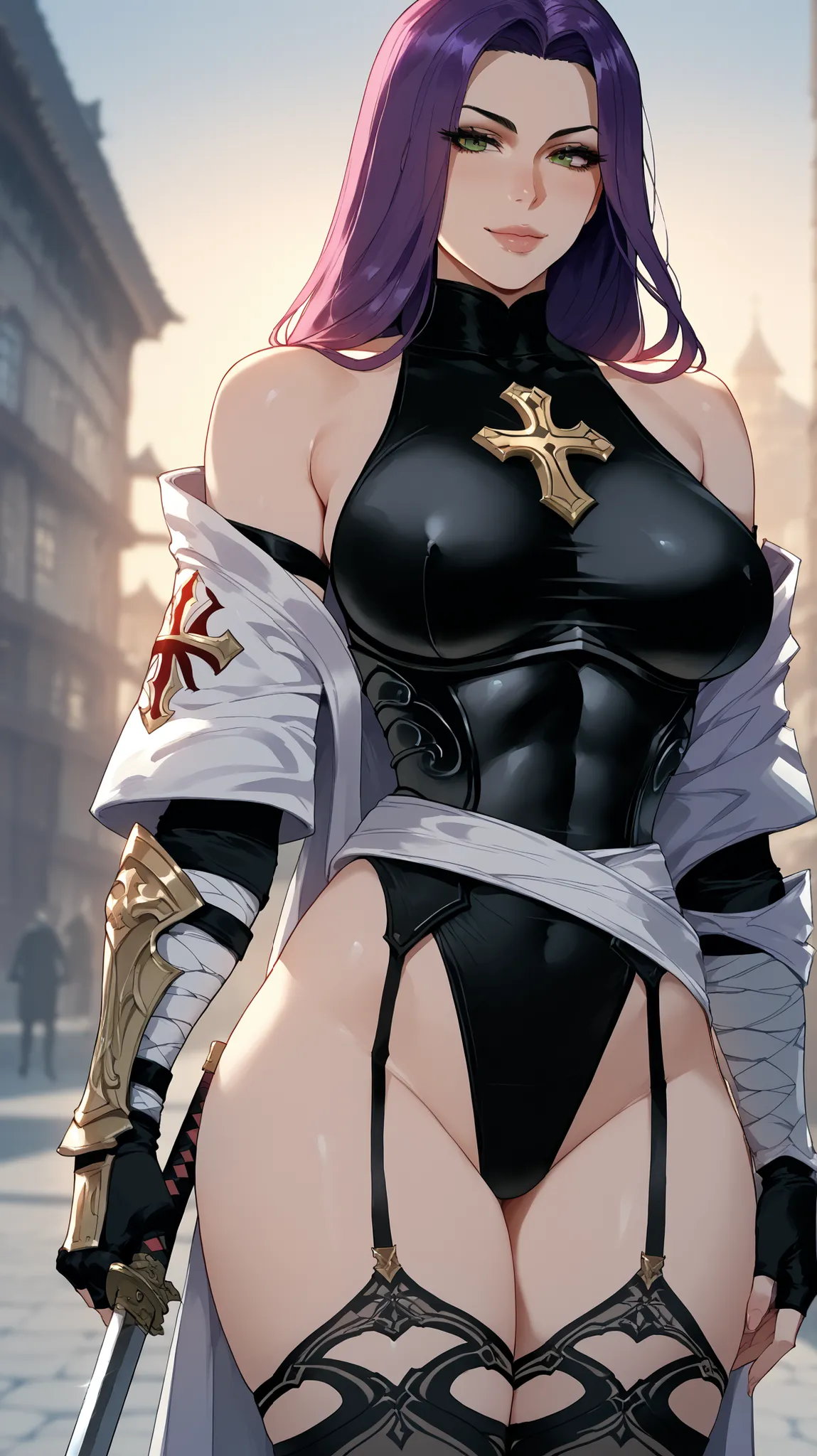 psylocke, light green eyes glossy lips, long hair, purple hair, black shirt, black armour with gold trim , multicolored shirt, steel plate, leotard, fingerless gloves, black elbow gloves, garter straps, bare shoulders, white belt, white belt, black thighhi...