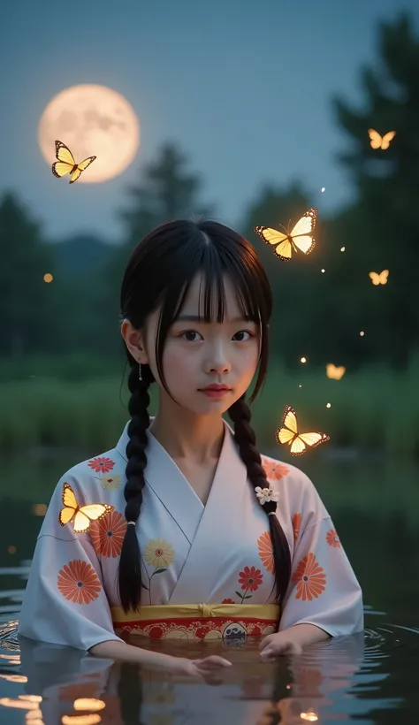 (8k), (best quality), RAW photo, (photo realistic:1.4), very detailed, Very cute Japanese girl,(very thin), ((braids)) , ((Wearing a kimono with a beautiful floral pattern, she is in a waist-deep pond)), ((summer night)), ((lots of glowing butterflies々is ...