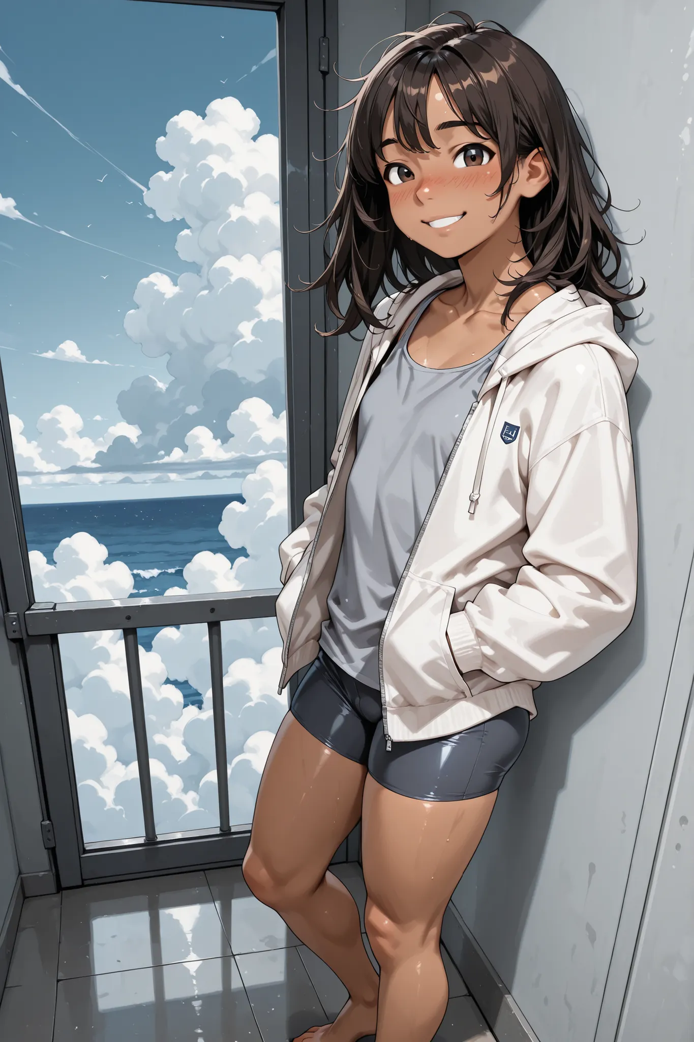 1 Boy,(like a girl),Super Detailed,absolute resolution,(dynamic angles),(tanned skin:0.3),portrait,(((pinup))),close-up,from side,looking at viewer,standing,(gray tight tank top),(untucked shirt),navy blue bike shorts,(white open hoodie),hands in pockets,(...