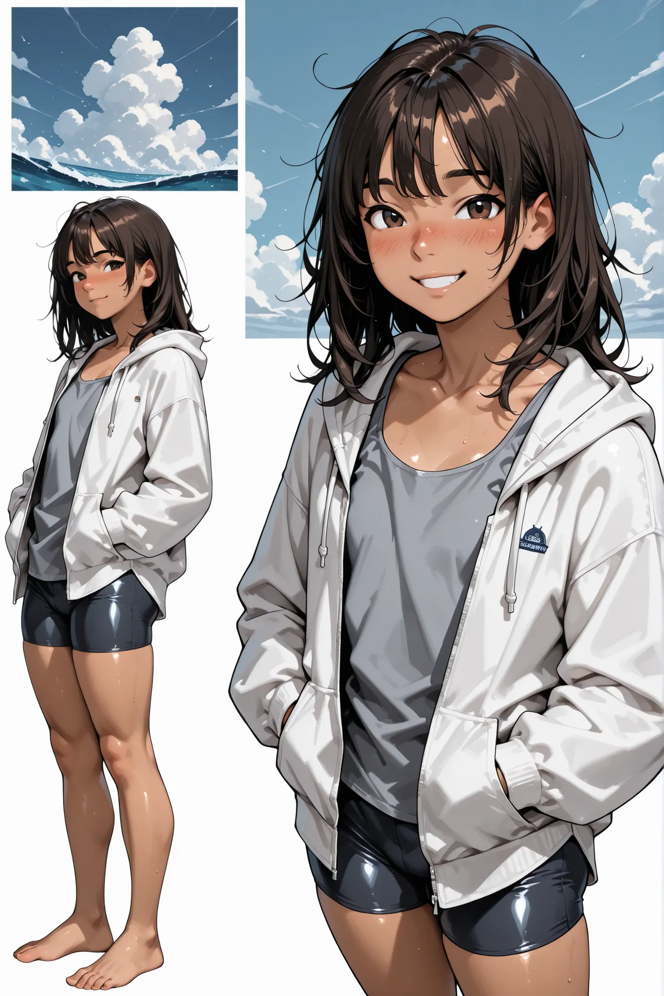 1 Boy,((like a girl)),Super Detailed,absolute resolution,(dynamic angles),(tanned skin:0.3),portrait,(((pinup))),close-up,from side,looking at viewer,standing,(gray tight tank top),(untucked shirt),navy blue bike shorts,(white open hoodie),hands in pockets...