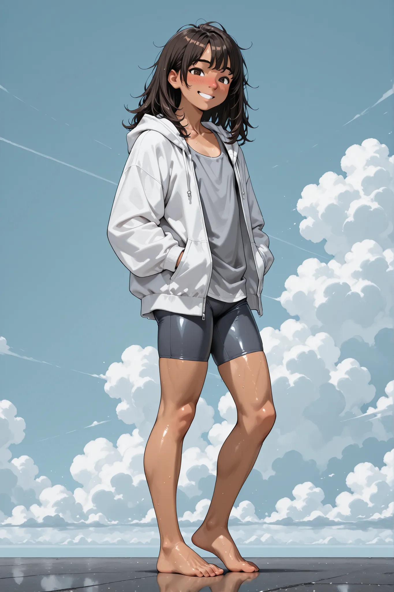1 Boy,(like a girl),Super Detailed,absolute resolution,(dynamic angles),(tanned skin:0.3),portrait,(((pinup))),close-up,from side,looking at viewer,standing,(gray tight tank top),(untucked shirt),navy blue bike shorts,(white open hoodie),hands in pockets,(...
