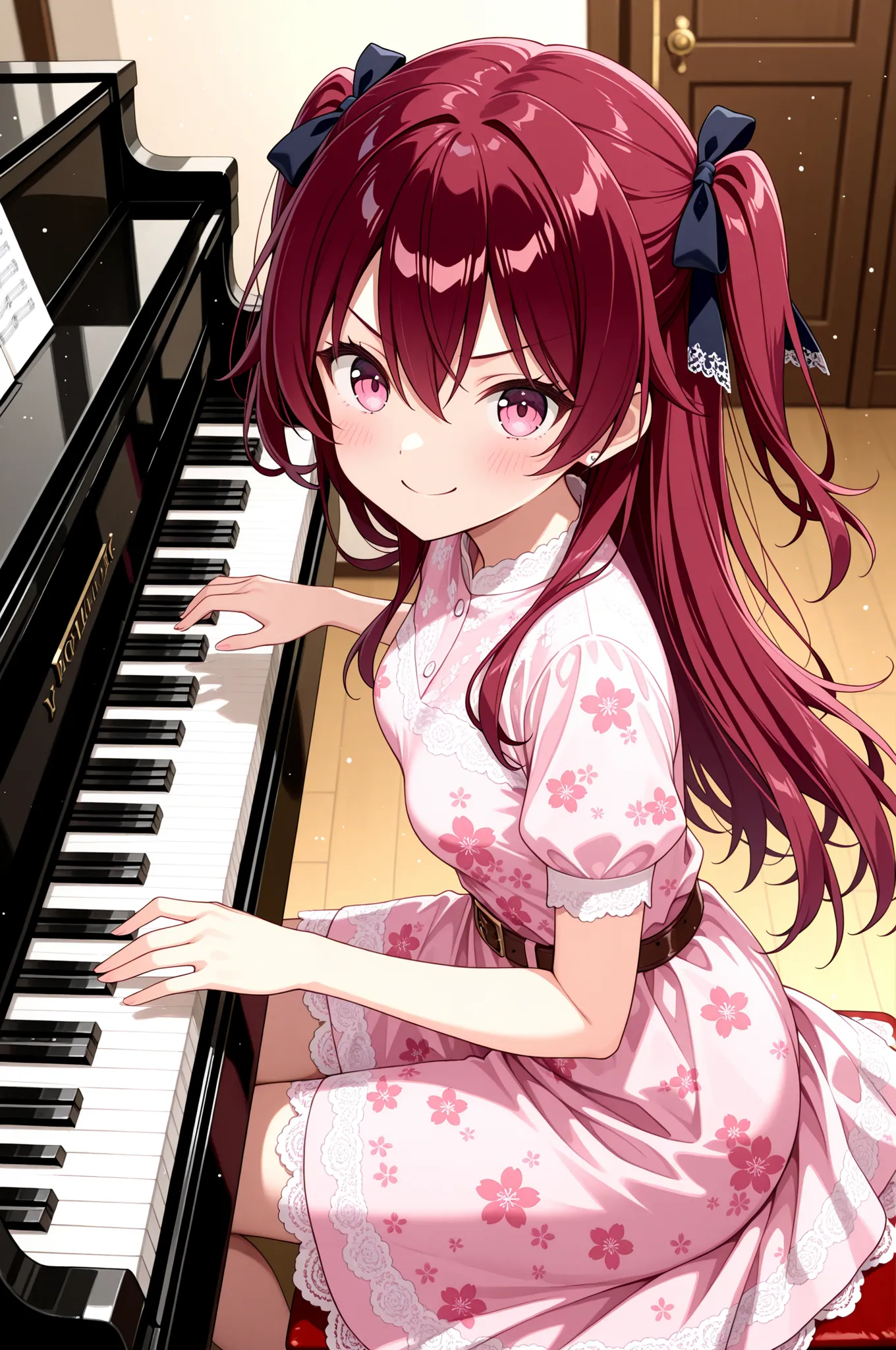 1girl ,blush ,closed mouth ,hair between eyes ,hair ribbon ,long hair ,looking at viewer ,pink eyes ,dark red hair ,smile ,small breasts ,solo ,two side up ,v-shaped eyebrows ,from above ,from side ,pink dress ,belt ,blush ,brown belt ,dress ,floral print ...