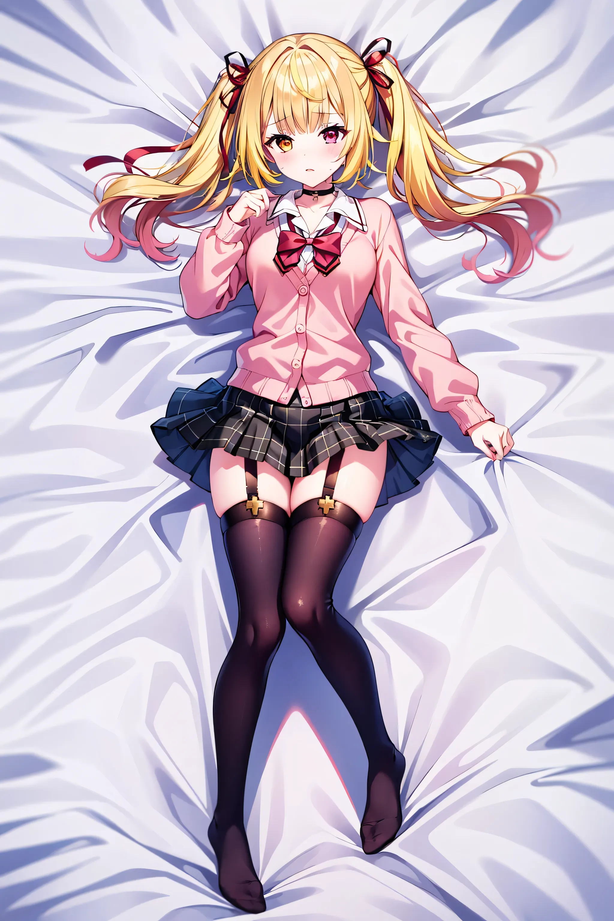 1 person, Red Eyes, Yellow Eyes, Blonde, twin tails, Medium Hair, hair bow, pink cardigan, black thigh high socks, plaid skirt , black choker, garter belt, school uniform, white sheets, Lie on your back, Embarrassing, Red cheeks, Seducing Men, Full Body, ...