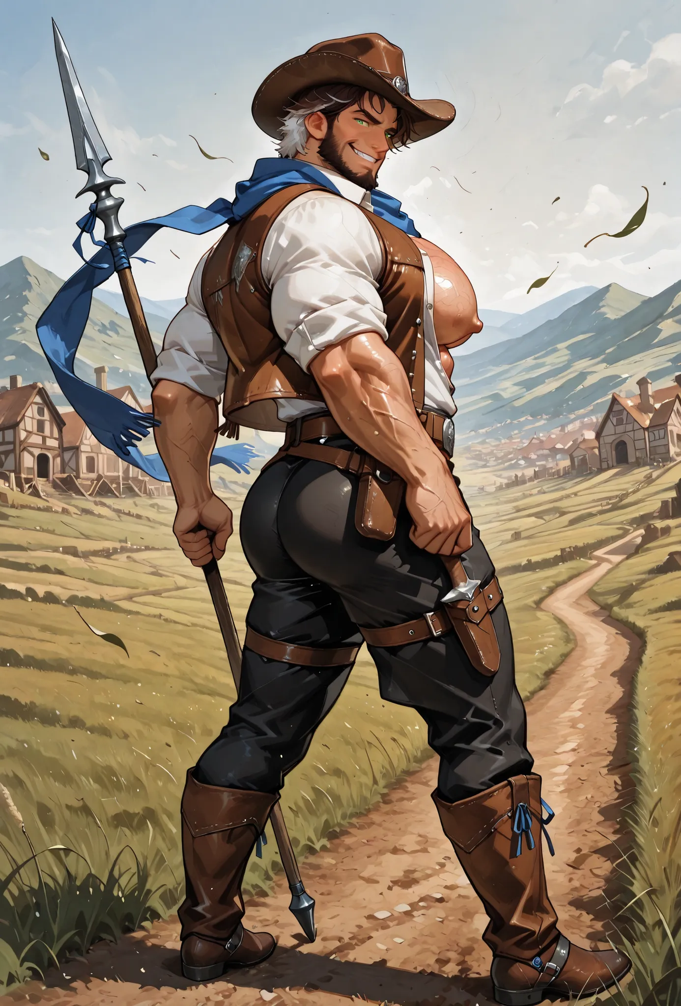 traditional media, 1boy, muscular, huge pectorals, puffy nipples, green eyes, multicolored hair, white hair, dark brown hair, short hair, chinstrap beard, mature male, ornate cowboy hat, smirk, teeth, ornate brown leather vest, open vest, collared white sh...
