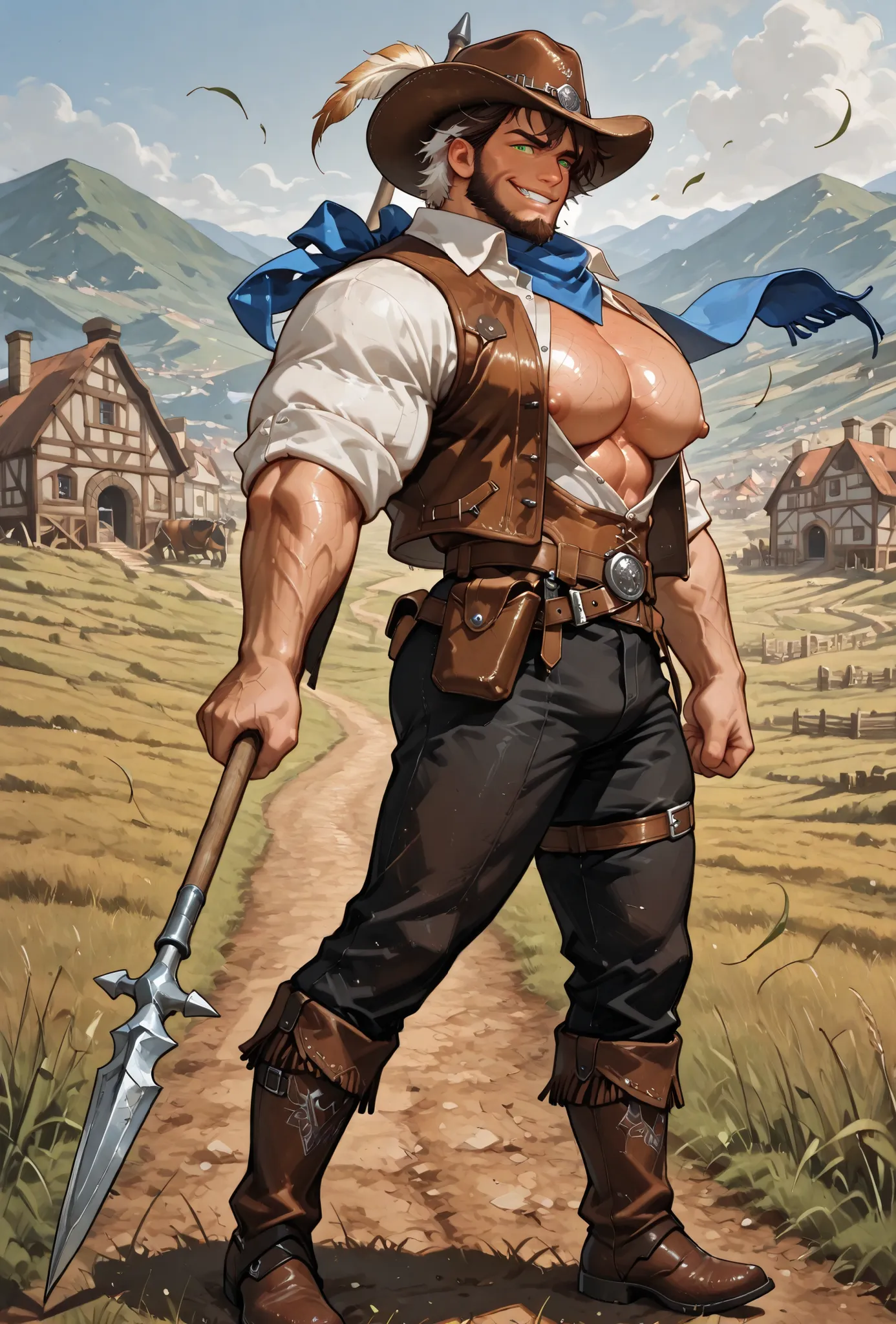 traditional media, 1boy, muscular, huge pectorals, puffy nipples, green eyes, multicolored hair, white hair, dark brown hair, short hair, chinstrap beard, mature male, ornate cowboy hat, smirk, teeth, ornate brown leather vest, open vest, collared white sh...