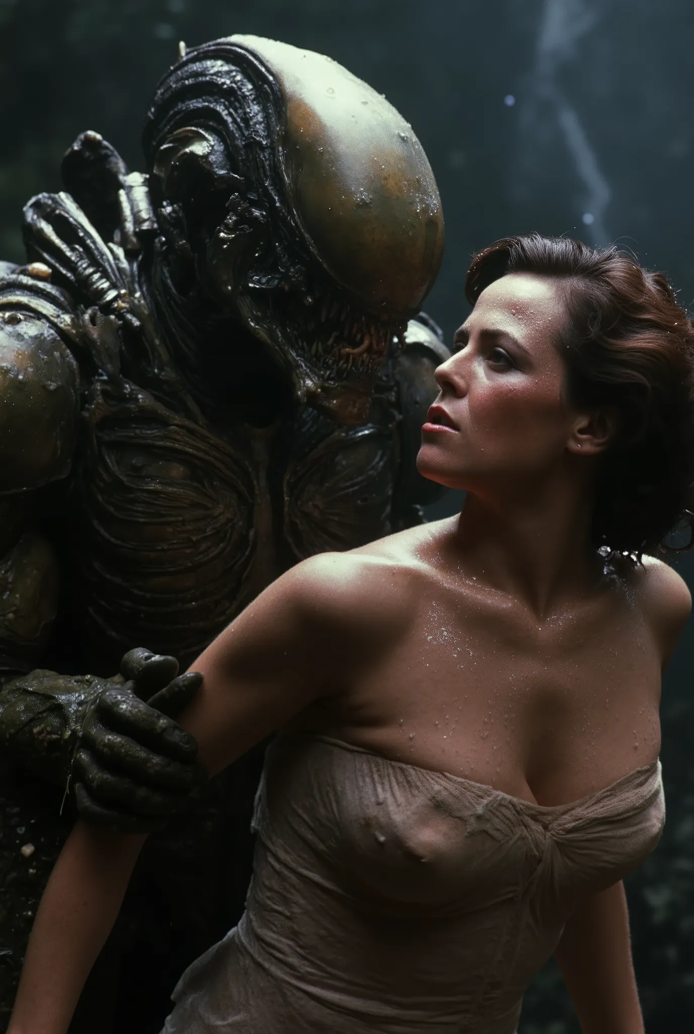 a massive xenomorph dick fuck unconscious Ellen Ripley pussy hard, Ellen Ripley is gunge all over her body and cum on her face