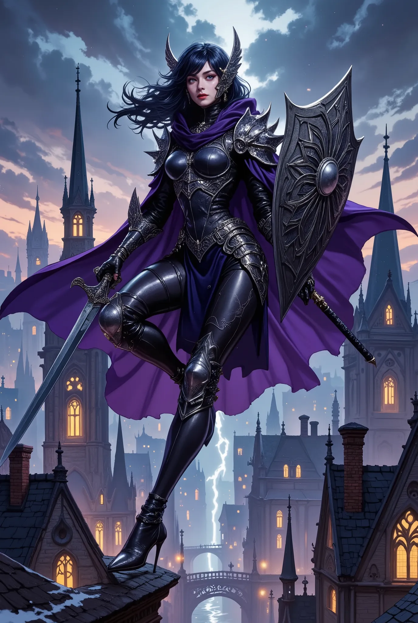 A young female warrior in Gothic armor froze in a swift leap between two pointed roofs of the night city. Her slender but muscular figure is clad in delicate black armor decorated with silver patterns in the form of spikes and cobwebs – each segment of the...