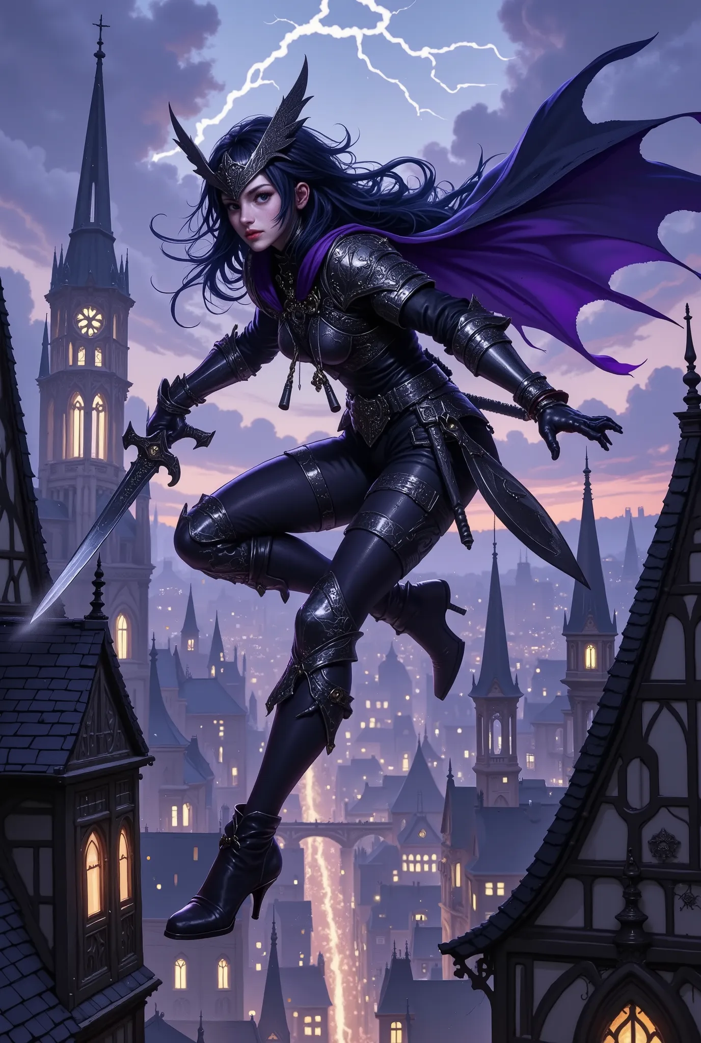 A young female warrior in Gothic armor froze in a swift leap between two pointed roofs of the night city. Her slender but muscular figure is clad in delicate black armor decorated with silver patterns in the form of spikes and cobwebs – each segment of the...