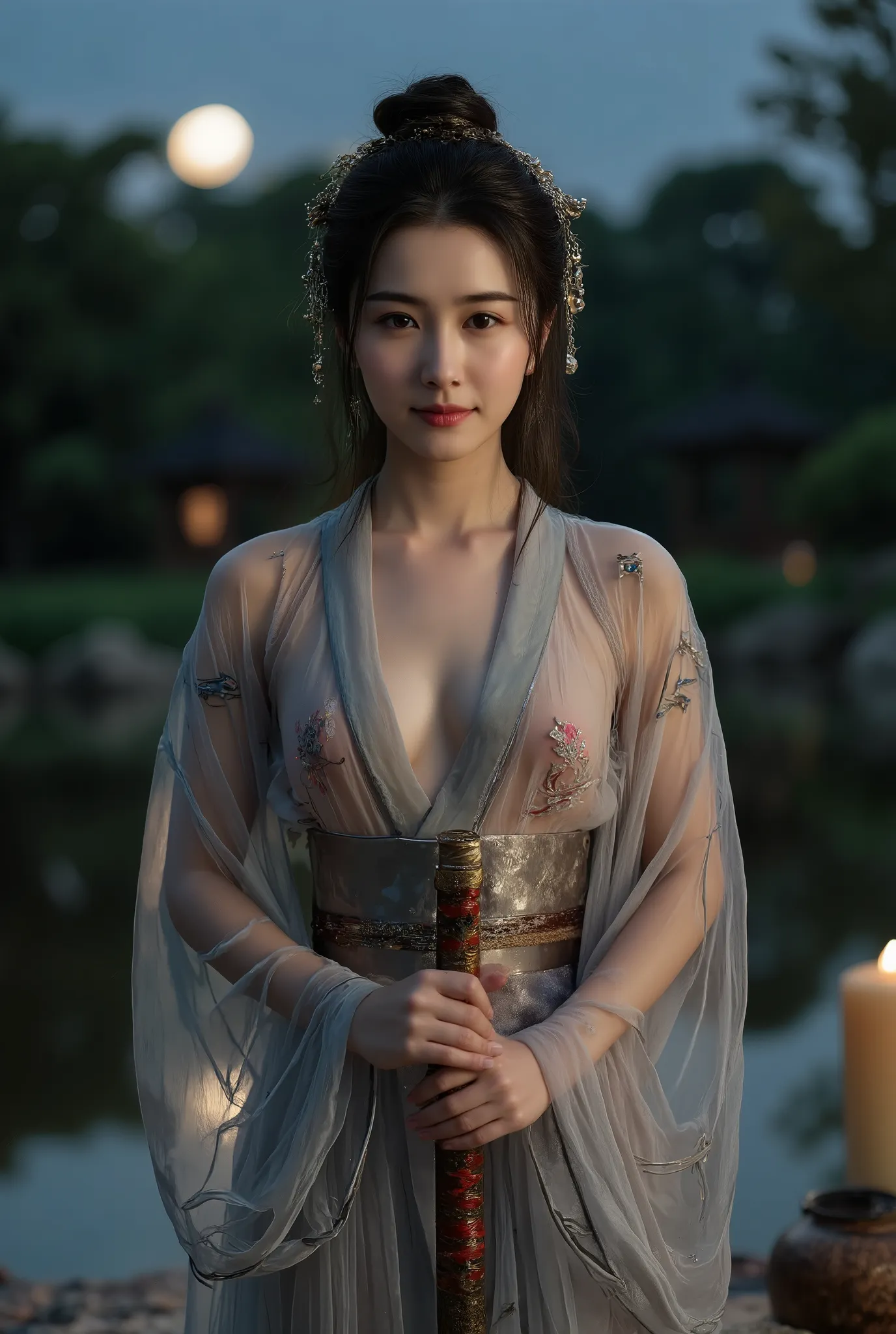 Night view where the moon shines ·( Full body photo:1.3)、Sky from below、(( slouching up:1.3)),18 years old、 A beautiful samurai holds a Japanese sword right in the eye、 tight thighs 、((   sexy see-through yukata with a loose chest   :1.5、 、exposes your che...
