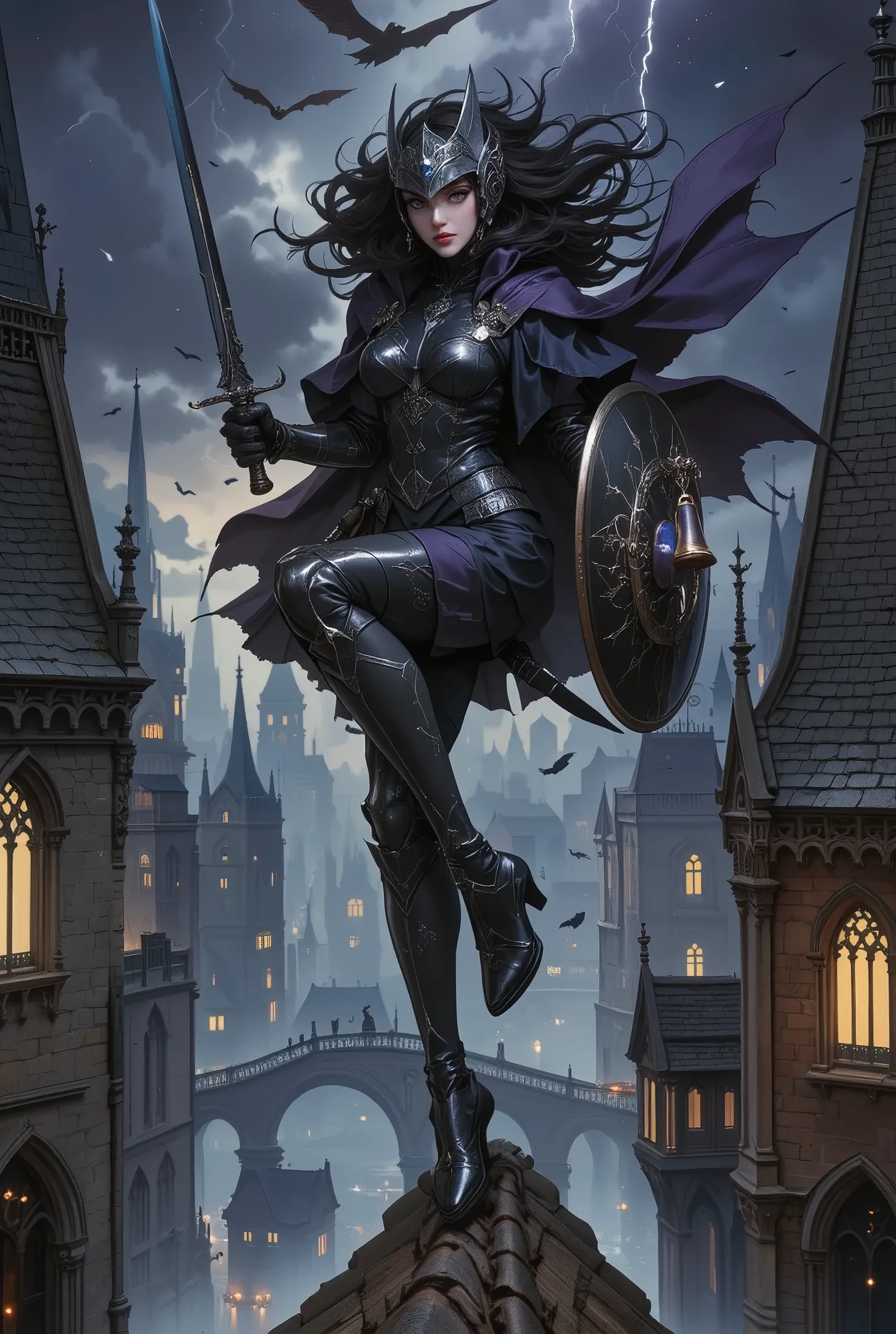 A young female warrior in Gothic armor froze in a swift leap between two pointed roofs of the night city. Her slender but muscular figure is clad in delicate black armor decorated with silver patterns in the form of spikes and cobwebs – each segment of the...