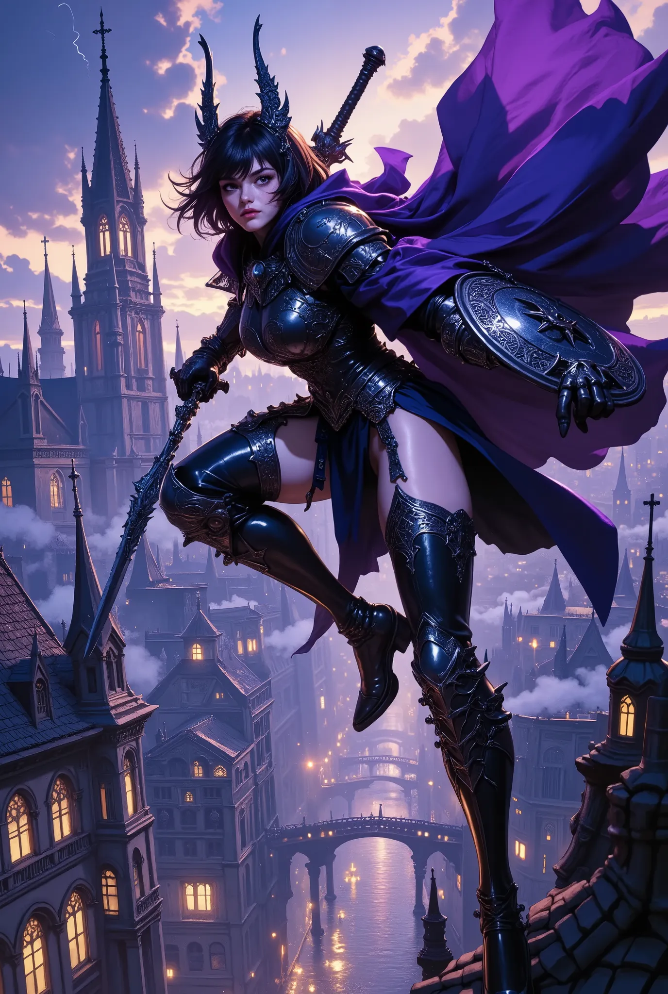 A young female warrior in Gothic armor froze in a swift leap between two pointed roofs of the night city. Her slender but muscular figure is clad in delicate black armor decorated with silver patterns in the form of spikes and cobwebs – each segment of the...