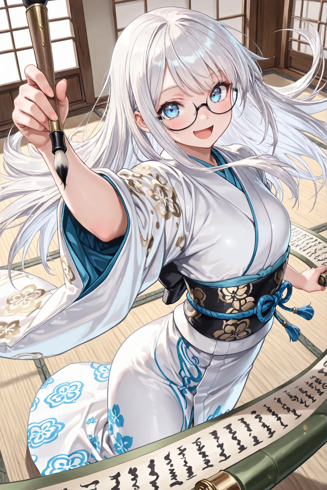 ((Masterpiece)),((best quality)),((incredibly absurdres)),((8K)),(semi realistic),(sensitive),
1 girl,solo,young female,kawaii,white hair,long hair,straight hair,blue eyes,small breasts,
((black eyewear)),(full rim),(detailed glasses),((white kimono,gold p...