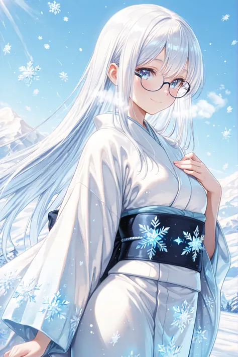 ((Masterpiece)),((best quality)),((incredibly absurdres)),((8K)),(semi realistic),(FrostedStyle),
1 girl,solo,young female,aged down,kawaii,white hair,long hair,straight hair,blue eyes,small breasts,slim,
((black eyewear)),(full rim),(detailed glasses),
a ...