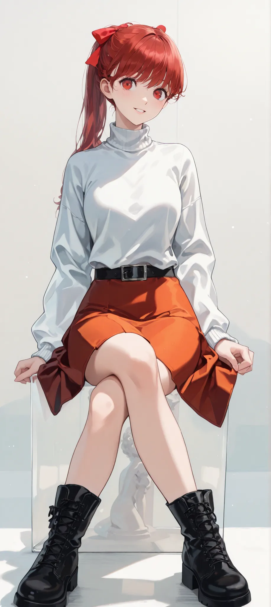 1 girl,Light reflected in the eye:1.3,orange midi skirt,Newest,masterpiece,Ultra Fine,High Quality,   detail gradation eyes   :1.4,detail face on crotch hand:1.4,Full Body,Dynamic Poses:1.3,Front Map,Flare Skirt,((white background)),Turtleneck White Sweate...