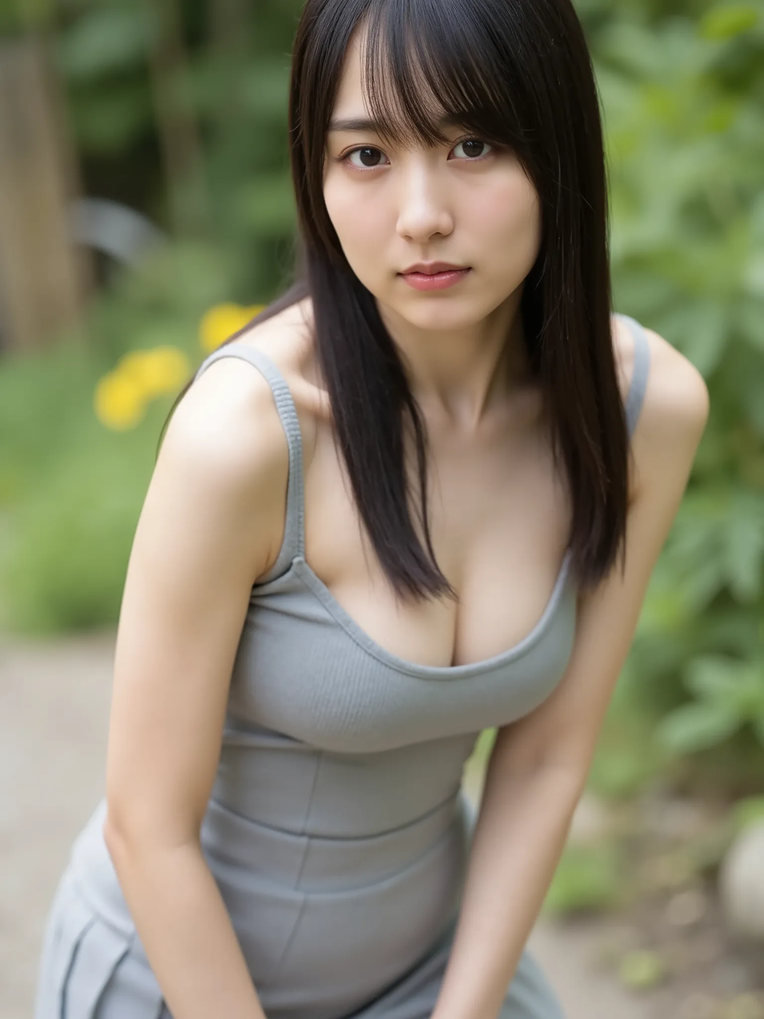 1girl, 20yo, young girl, japanese girl, dark brown long hair, (wearing tank top with thin strap, plated mini skirt), open button, unbutton, photo selfie, close up, natural breasts, skinny, cleavage.