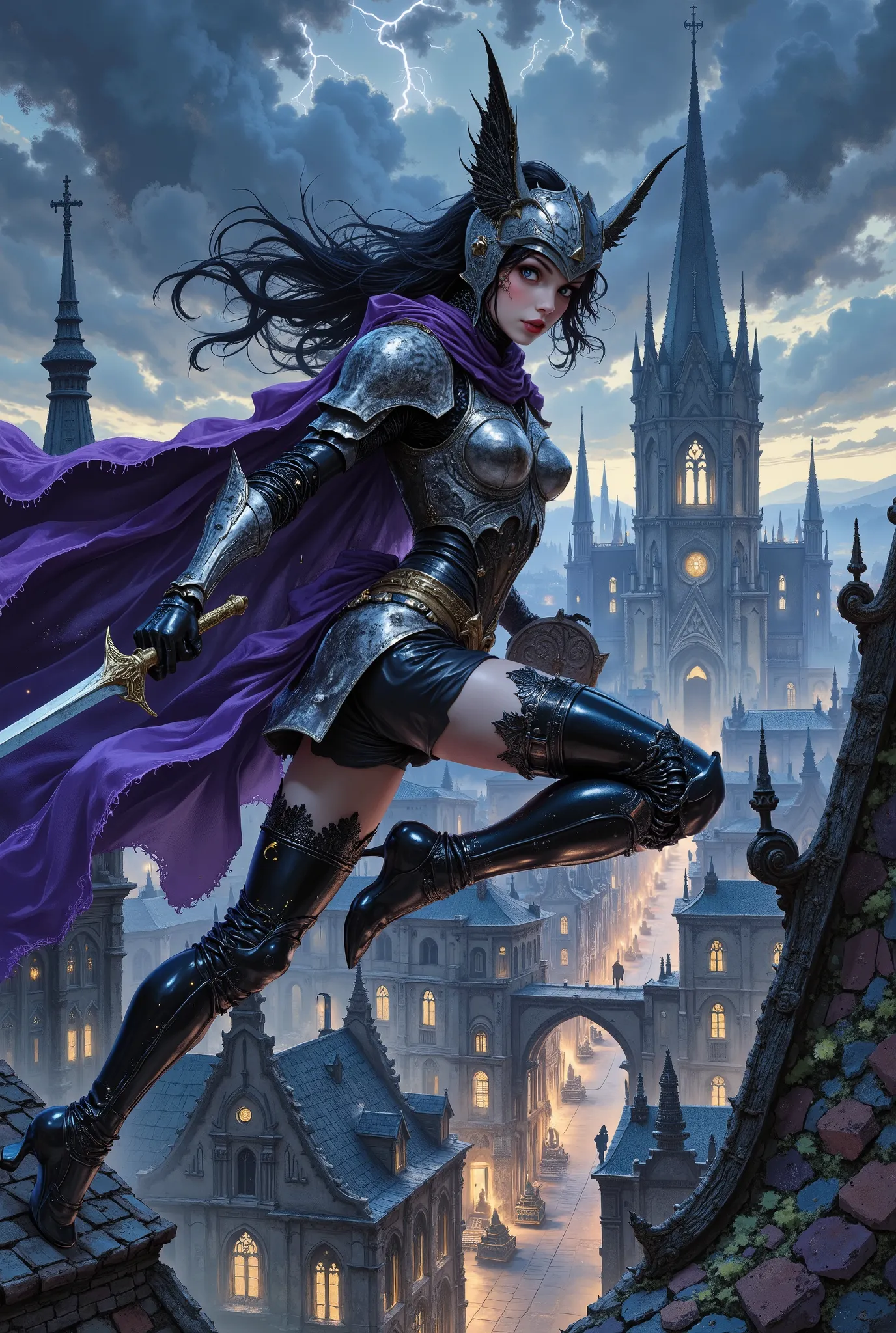 A young female warrior in Gothic armor froze in a swift leap between two pointed roofs of the night city. Her slender but muscular figure is clad in delicate black armor decorated with silver patterns in the form of spikes and cobwebs – each segment of the...