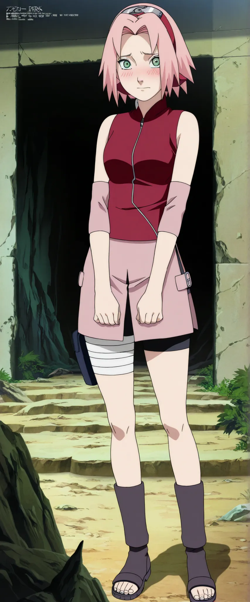 1girl,haruno sakura standing look at the viewer, BREAK pink hair, short hair, red hairband, green eyes, parted bangs, BREAK red sleeveless minidress, zipper, pink miniskirt, bandaged thigh, BREAK medium breasts, beautiful body, beautiful legs , masterpiece...