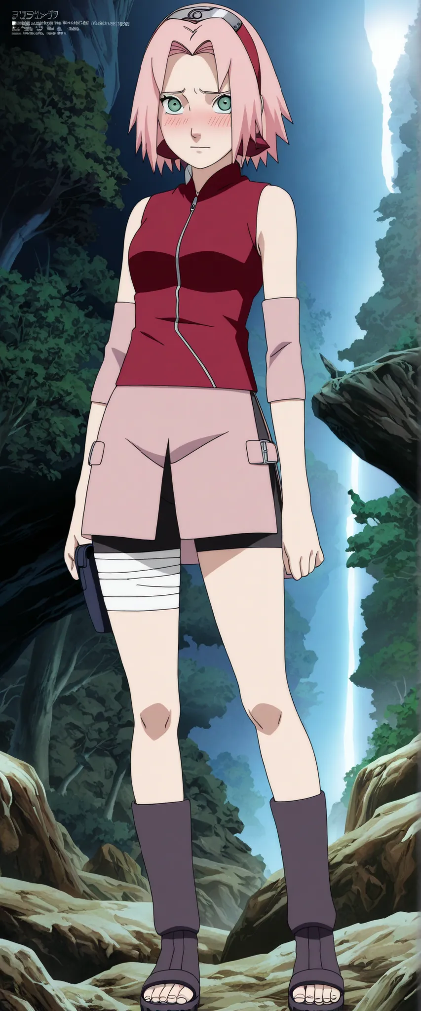 1girl,haruno sakura standing look at the viewer, BREAK pink hair, short hair, red hairband, green eyes, parted bangs, BREAK red sleeveless minidress, zipper, pink miniskirt, bandaged thigh, BREAK medium breasts, beautiful body, beautiful legs , masterpiece...