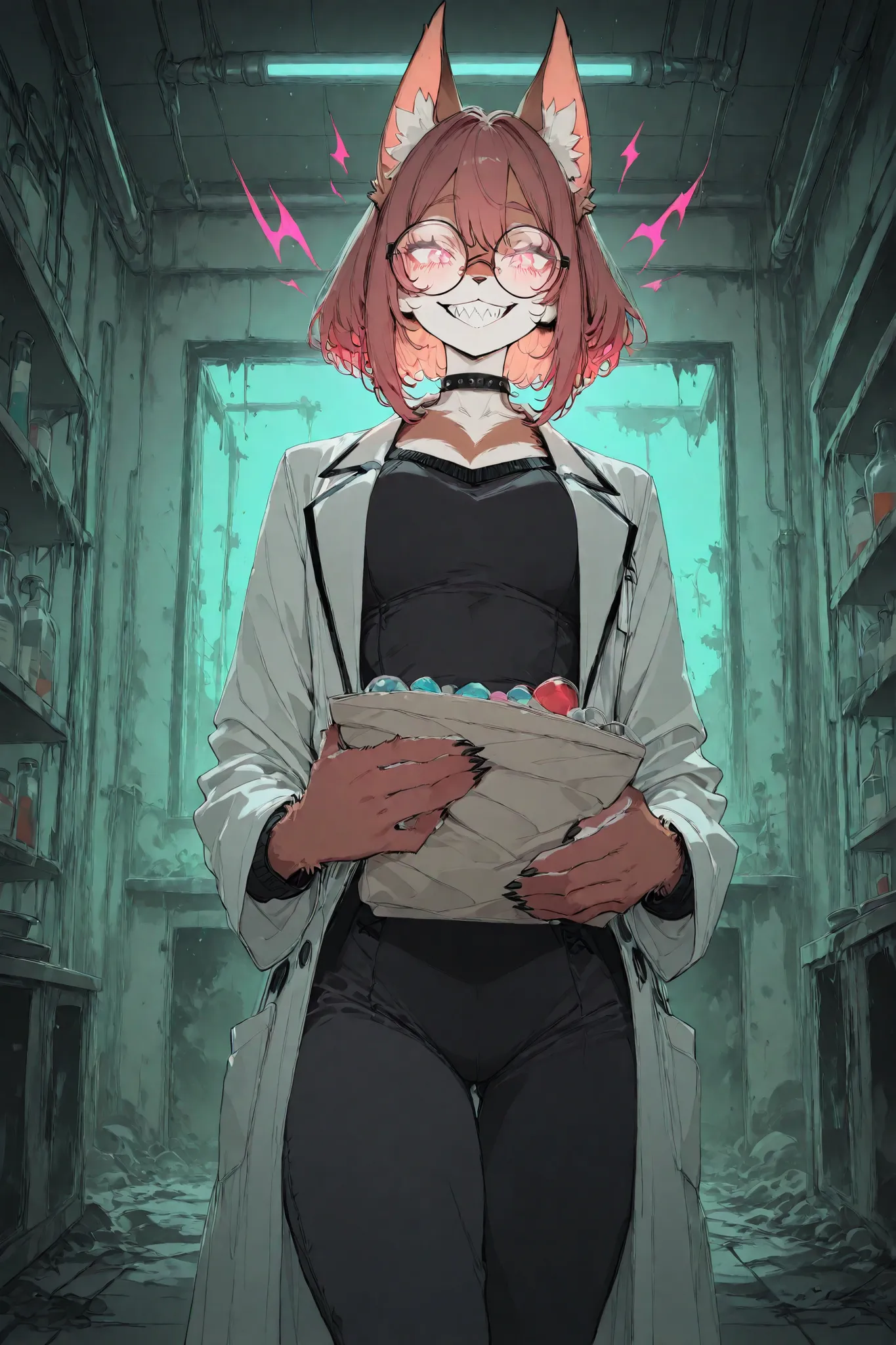 Woman, Monster Cat (fur from below), Wearing a white coat, black trim, Laugh Brutally,  BIG SHARP TEETH , Put on narrow-framed glasses, Demon Aura, in an abandoned laboratory,