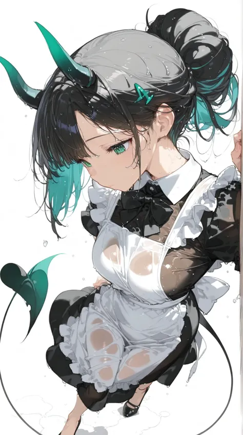 (((White background)))Wet hair,Wet clothes,A woman in a black maid outfit black hair very long hair、Updo Have a big crystal ballFull body black Adult woman with dragon horns and tail black hair(High resolution masterpiece, , high resolution mode, highest q...