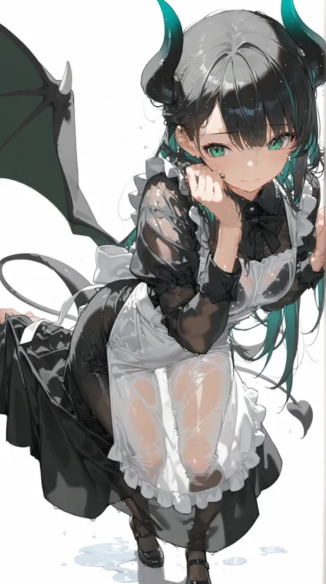 (((White background)))Wet hair,Wet clothes,A woman in a black maid outfit black hair very long hair、Updo Have a big crystal ballFull body black Adult woman with dragon horns and tail black hair(High resolution masterpiece, , high resolution mode, highest q...