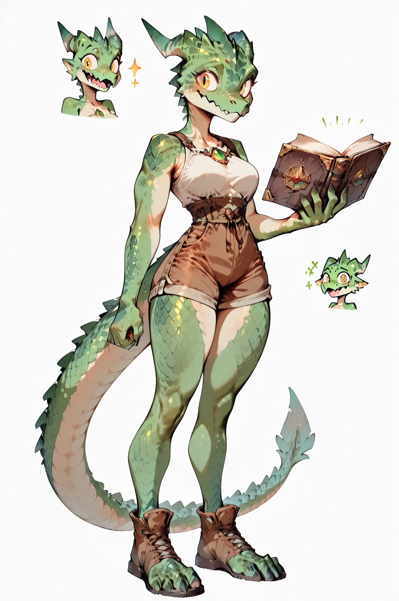( solo female, green skin, green scales, (((Kobold)), (detailed kobold)) medium breasts , wearing a adventure equipament, light crop, shorts,  character design, holding a old book in his hands